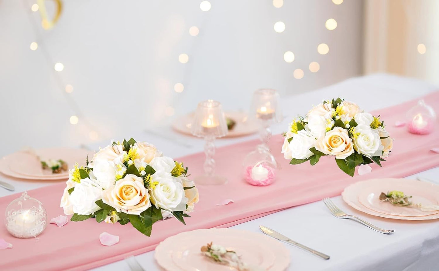 Flower Balls Wedding Rose Centerpieces: 2 Pcs Fake Flowers with Base Kissing Balls Decor Champagne White Artificial Floral Arrangements Flower Bouquet of Roses Home Party Table DIY Decorationss
