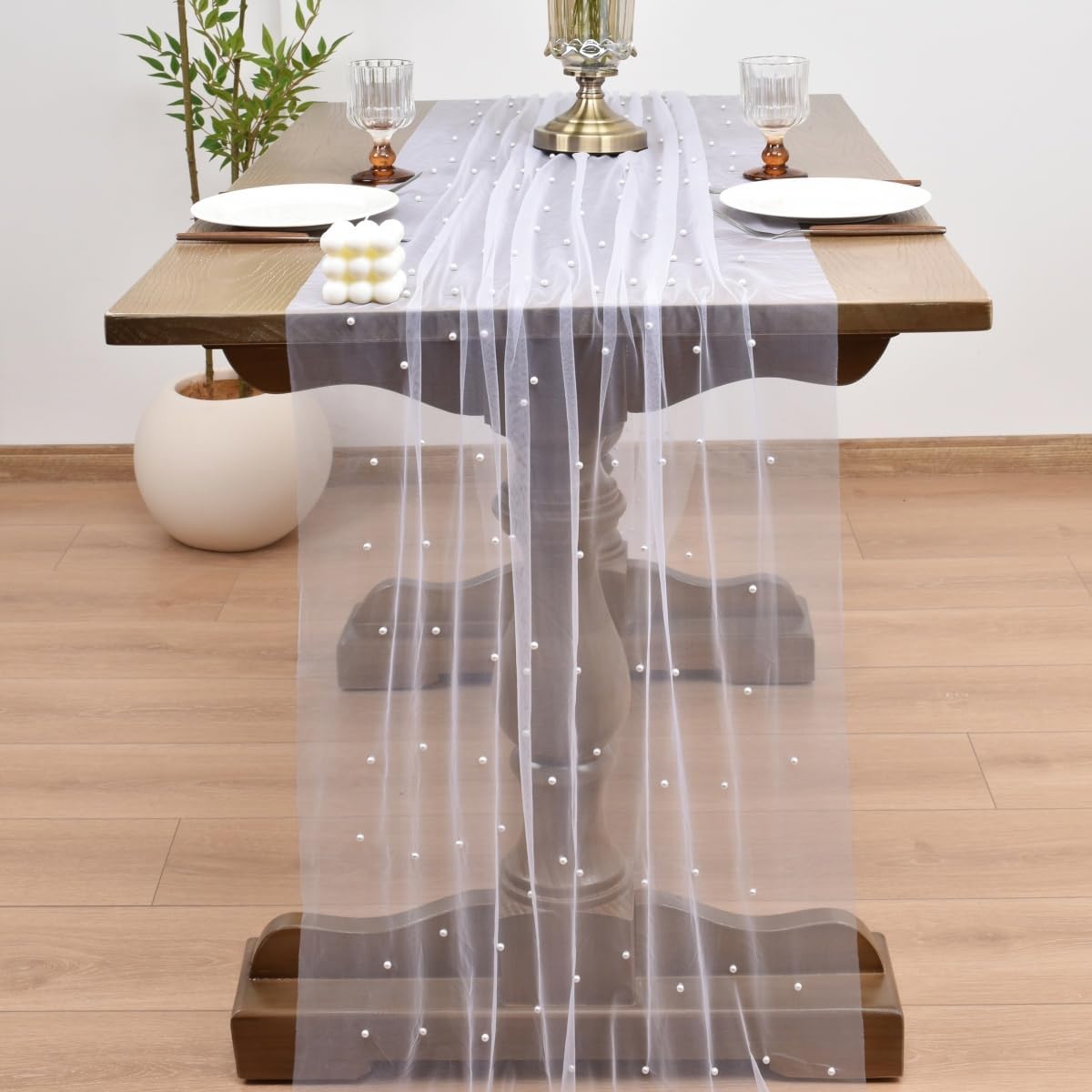 Joanlody Fall Pearl Table Runner 10ft Rustic Boho Tulle Table Runner with Pearls for Baby Shower Wedding Party Veil Dessert Thanksgiving Table Decor White