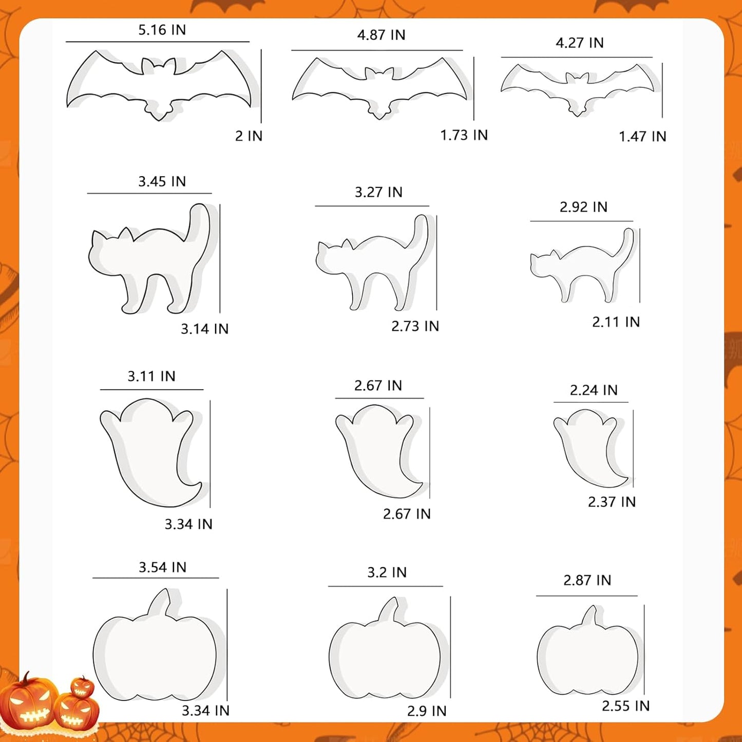 Halloween Cookie Cutters Set 12 Pcs, Stainless Steel Holiday Cookie Cutters Shape, 5.15โ Bat, 3.54โ Pumpkin, 3.34โ Ghost, 3.5โ Cat, Various Sizes Cute Cutters for Halloween Baking Party Decorations