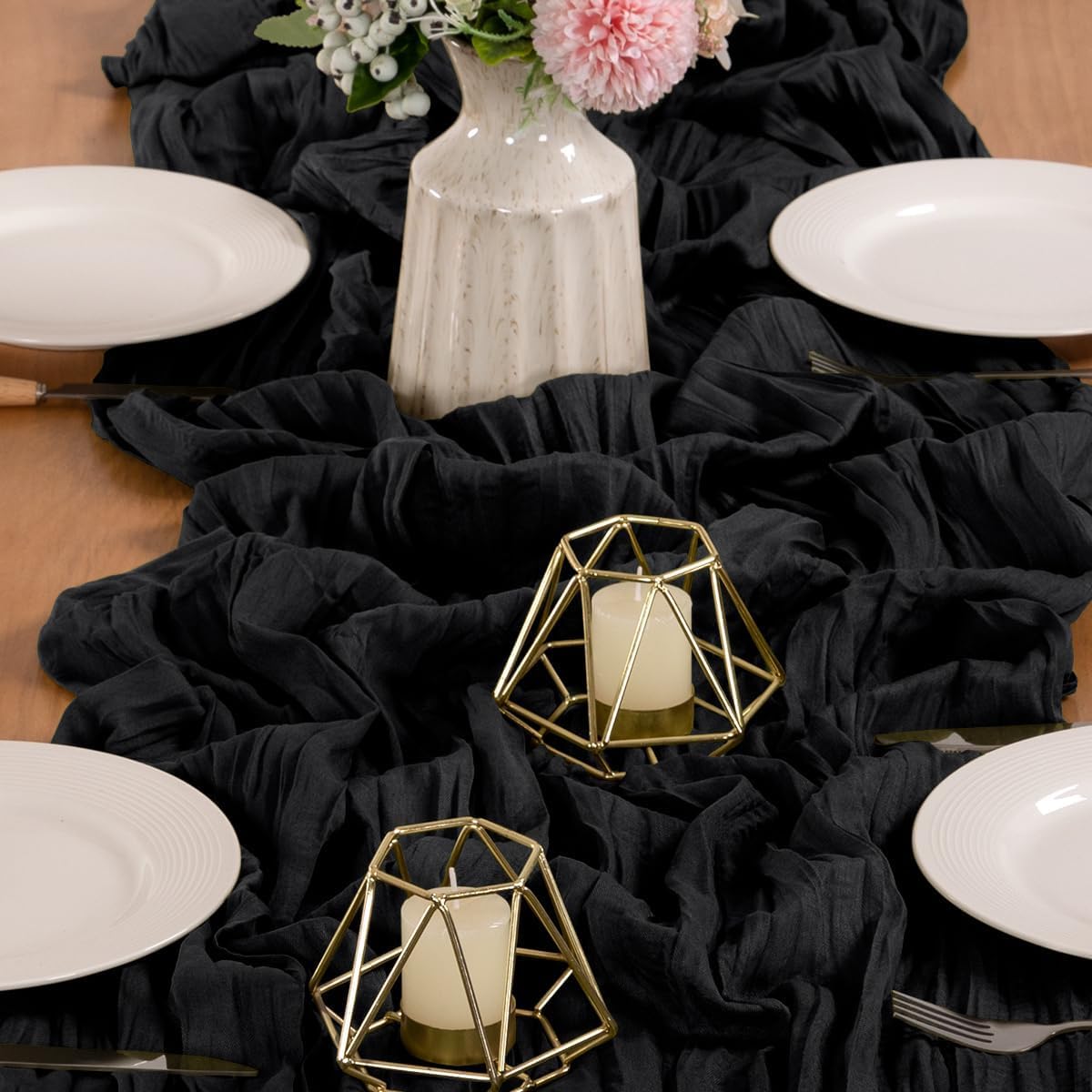 MLMW 4 Pack Halloween Table Runner Cheesecloth Black Boho Gauze Cheese Cloth 160 inch Rustic Sheer Table Runner 13.3ft for Party Wedding Baby Bridal Shower Birthday