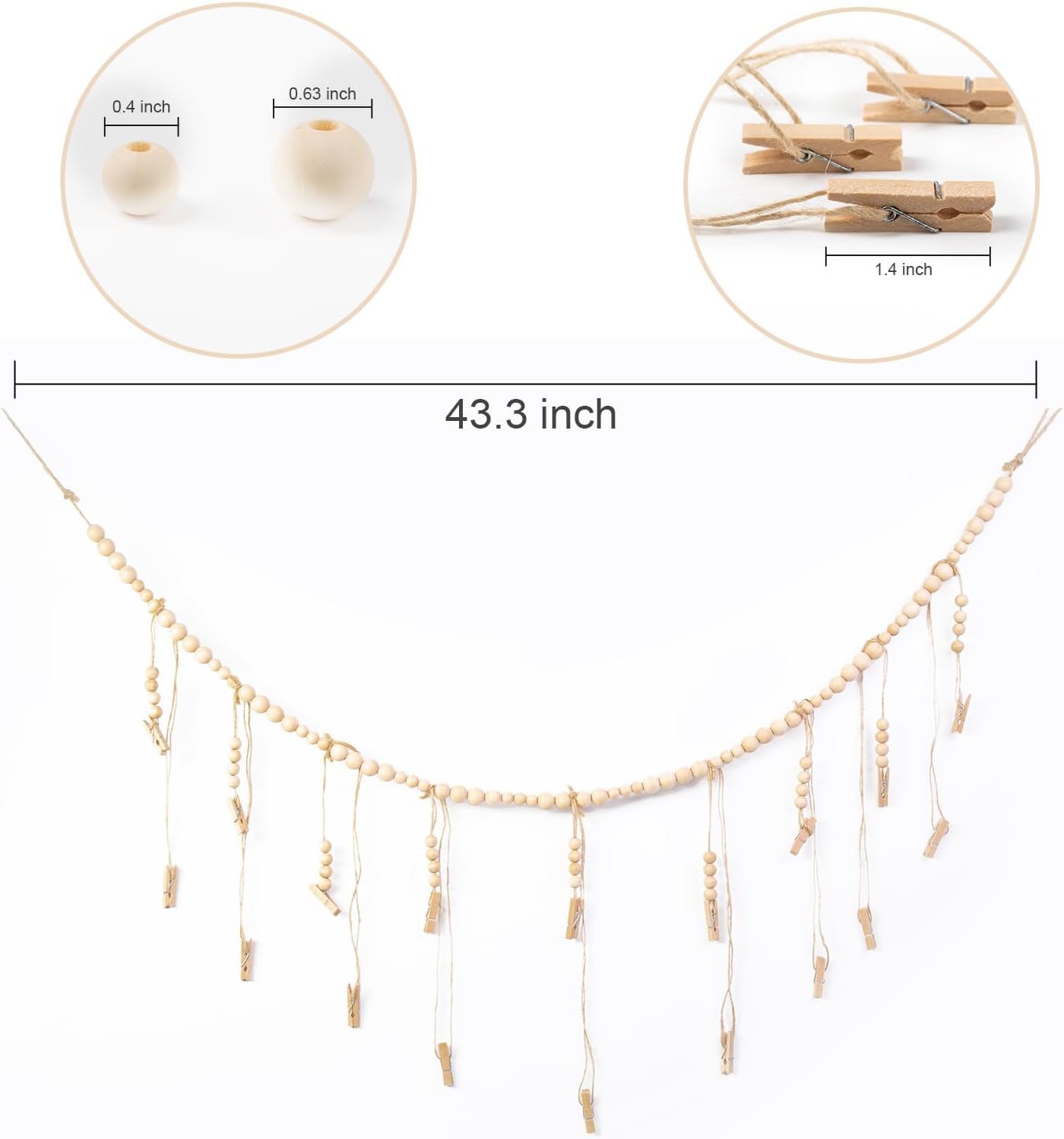 Hanging Photo Display with 18 Wood Clips, Boho Wooden Bead Wall Décor for Bedroom, Living Room, Dorm, Kids Art Picture Display