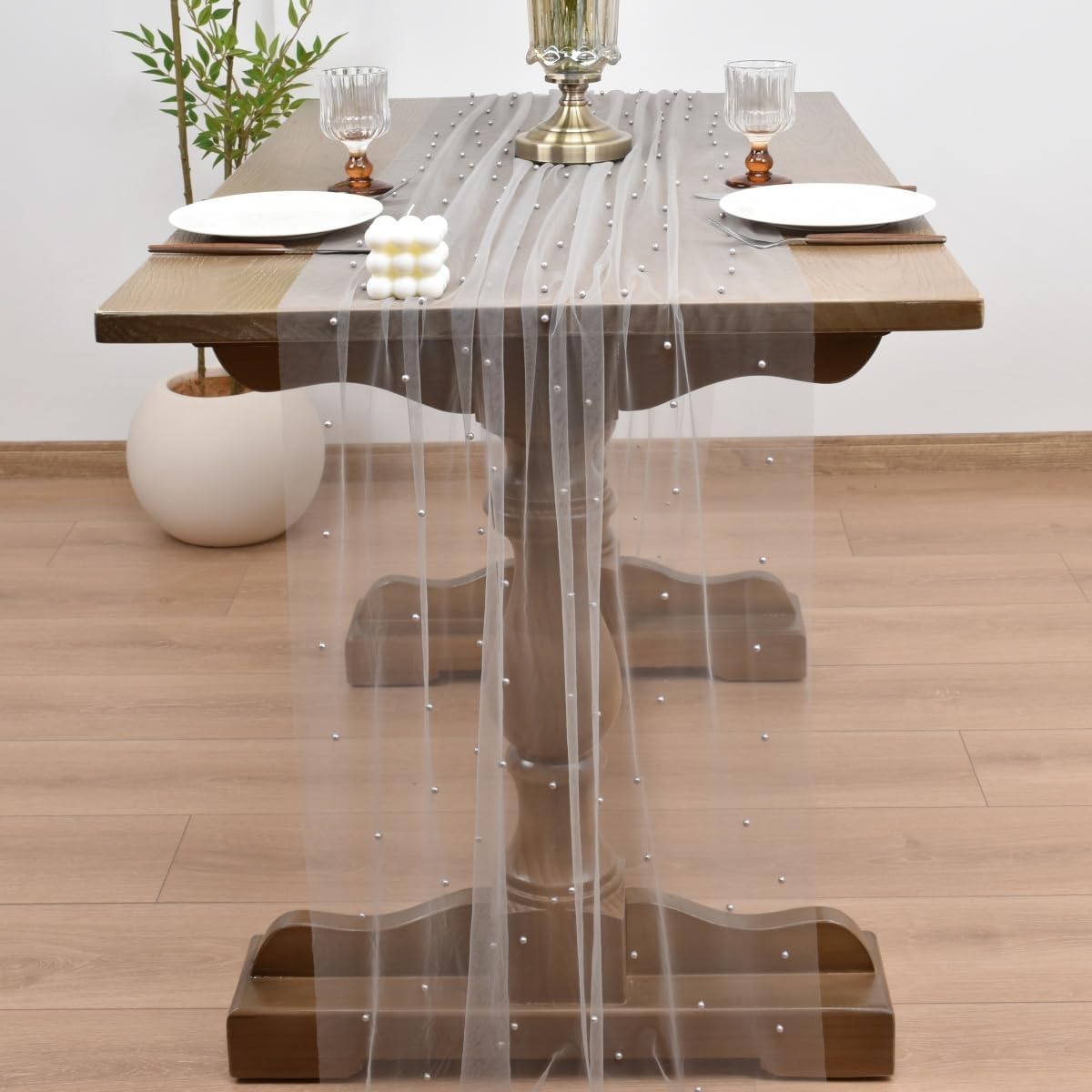 Joanlody Fall Pearl Table Runner 10ft Rustic Boho Tulle Table Runner with Pearls for Baby Shower Wedding Party Veil Dessert Thanksgiving Table Decor Gray 4pcs