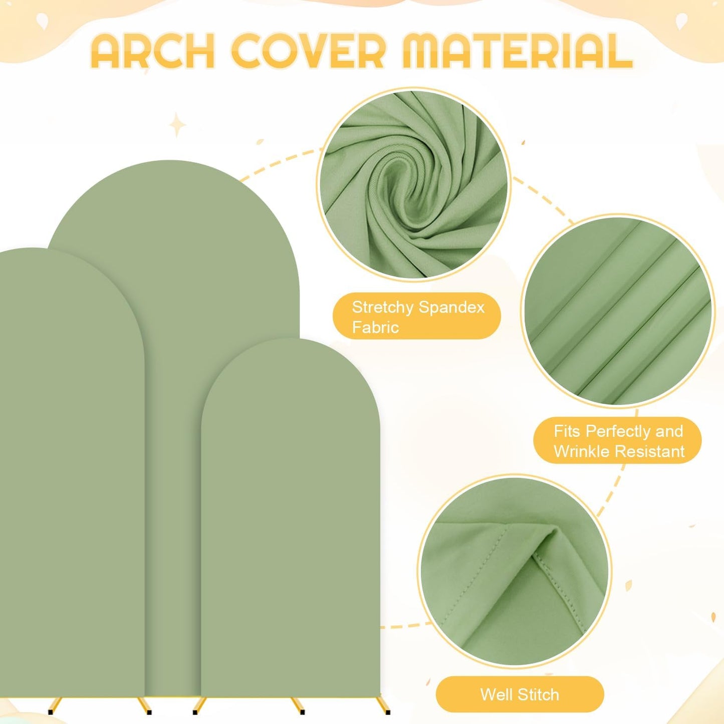 FUHSY Wedding Arch Backdrop Stand and Sage Green Arch Cover Set of 3 (6FT, 5FT, 4FT) Metal Arches Stable Frame Stands with Spandex Backdrop Cover for Birthday Party Bridal Baby Shower Decor