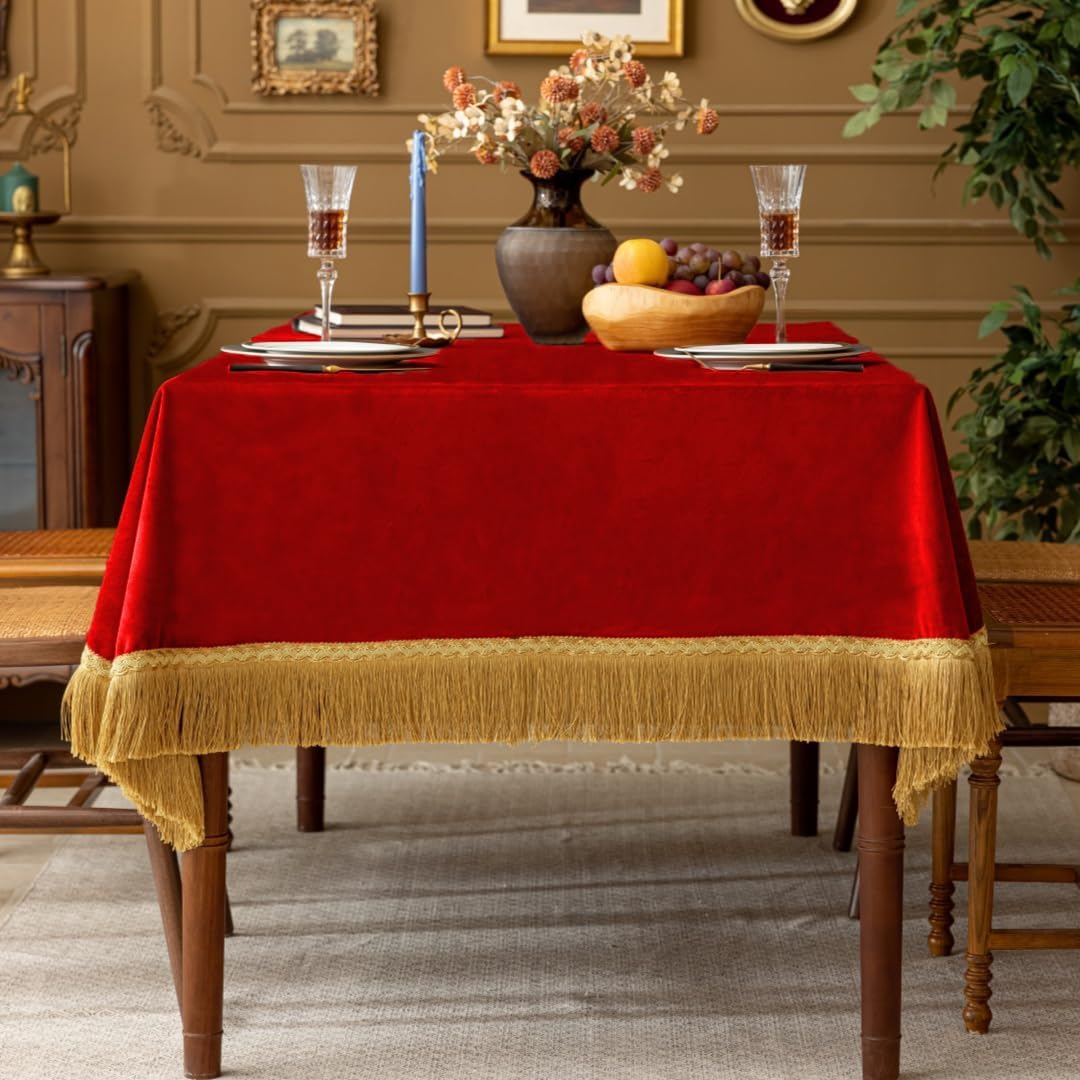 F-CHU Red Tablecloth Thickset Velvet Tablecloth with Beautiful Gold Tassels Vintage Table Cloth for Home Decor Wedding, Party, Banquet and Events 60x60-Inch
