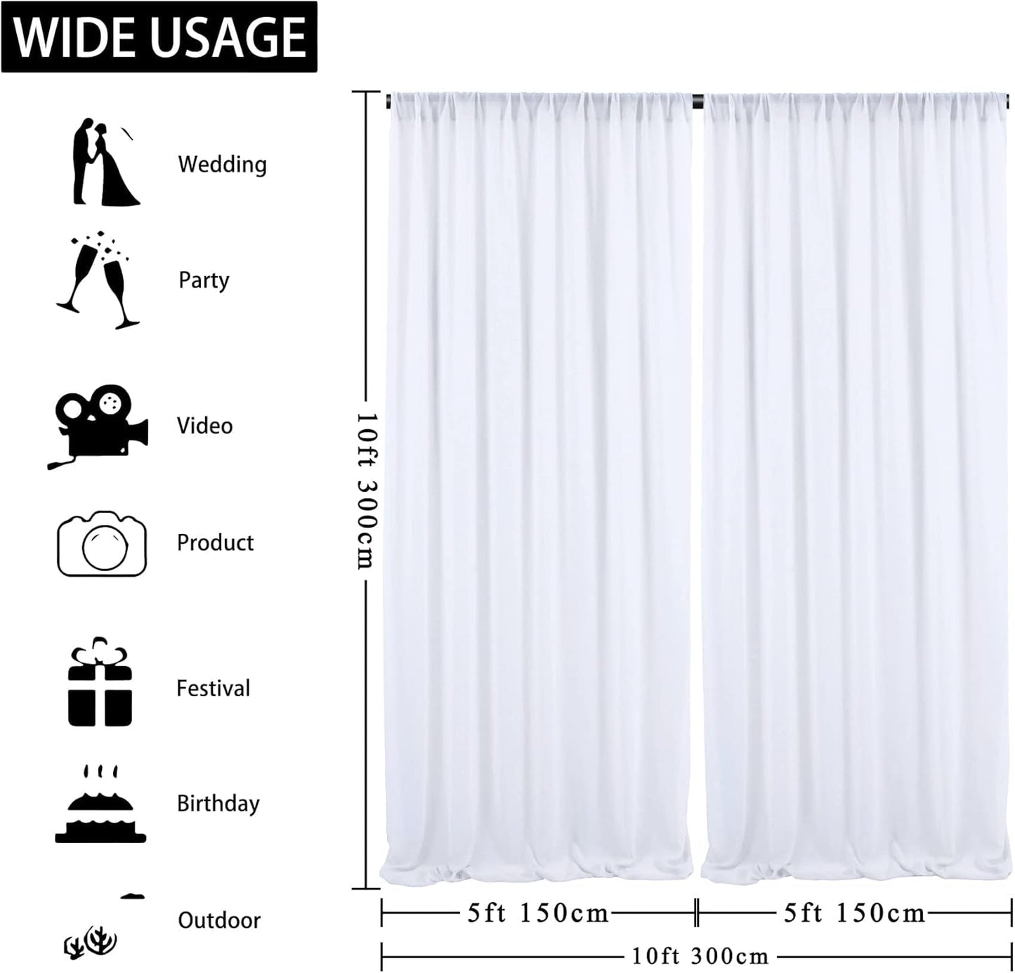 10ft x 10ft White Chiffon Backdrop Curtains, Wrinkle-Free Sheer Chiffon Fabric Photo Curtain Drapes for Wedding Ceremony Arch Party Stage Photography Decorations