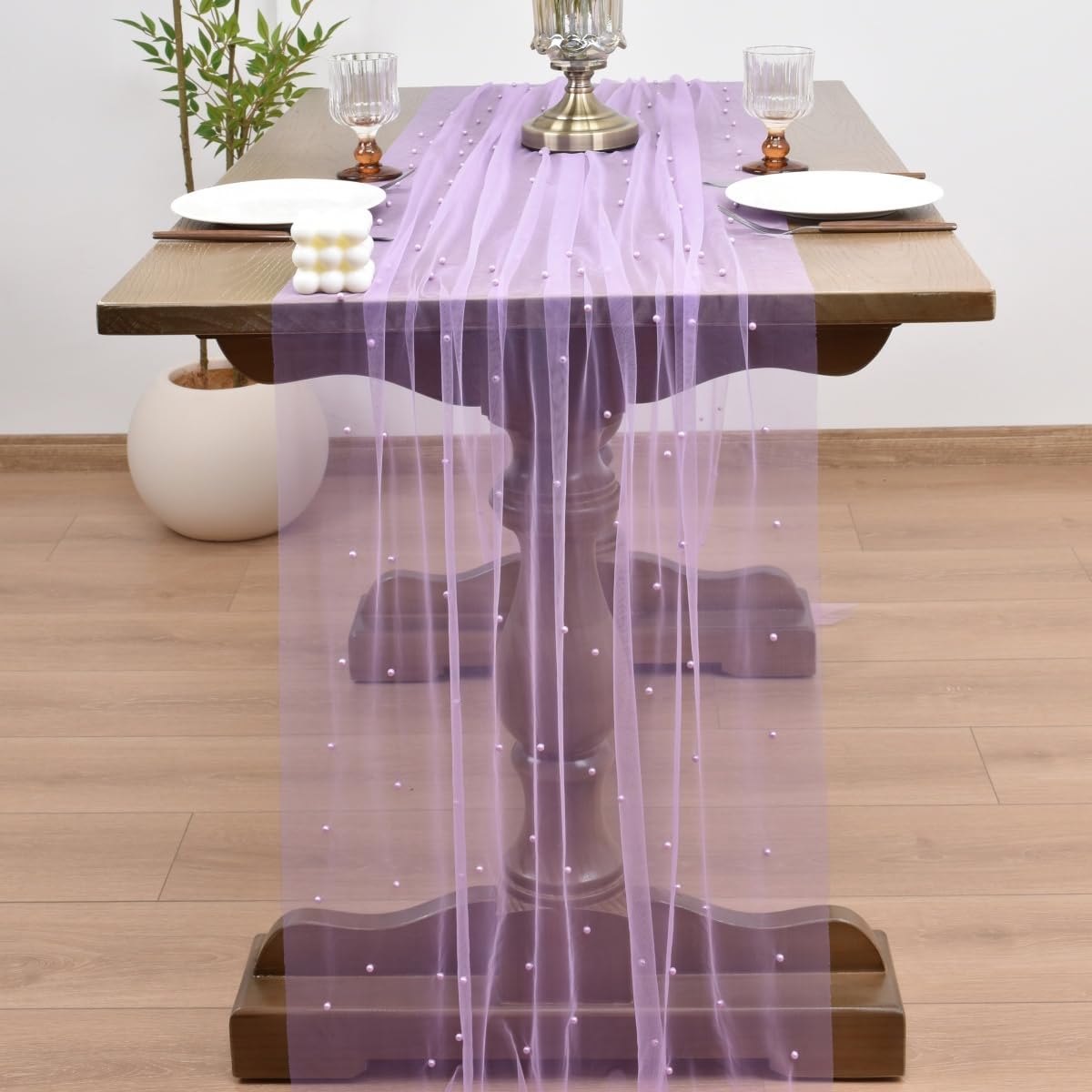Joanlody Fall Pearl Table Runner 10ft Rustic Boho Tulle Table Runner with Pearls for Baby Shower Wedding Party Veil Dessert Thanksgiving Table Decor Lilac