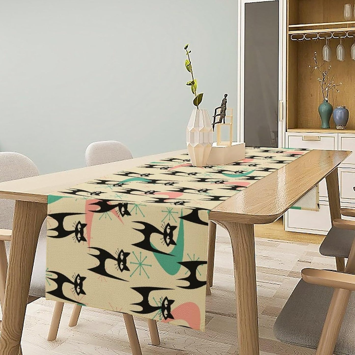 Mid Century Table Runner,Cat Geometric Stripe Colorful Abstract Pattern Print Tablecloth Burlap for Hotel Indoors Outdoor Dining Room Kitchen Holiday Party, 13x108in