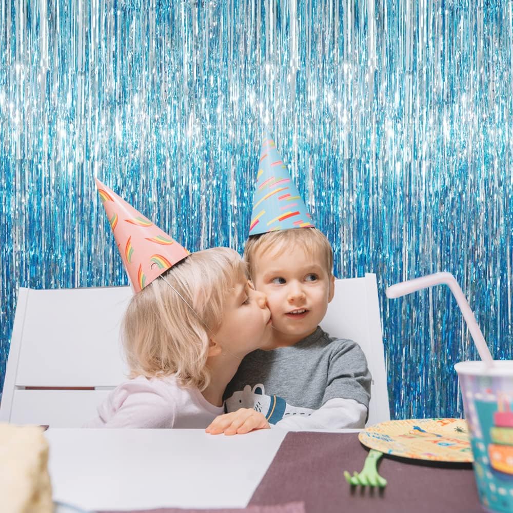 GOER 6.4 ft x 8.2 ft Metallic Tinsel Foil Fringe Curtains,Pack of 2 Party Streamer Backdrop for Birthday,Graduation Decorations and New Year Eve (Light Blue)