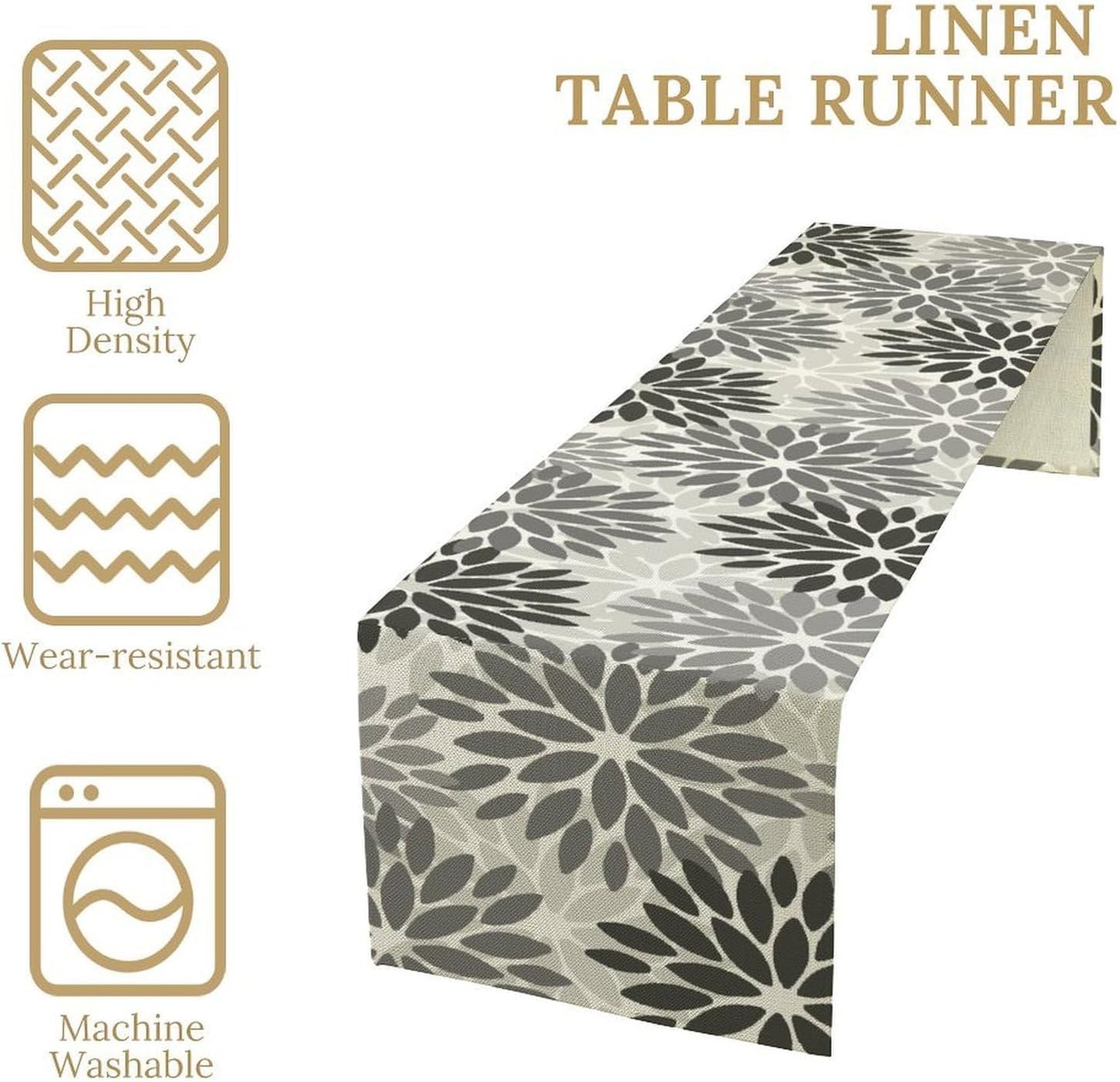 Gray Dahlia Flower Table Runner, Vintage Modern Linen Geometric Pattern Floral Table Runner Spring for Farmhouse Kitchen Dining Party Holiday Party, 13x120 Inch