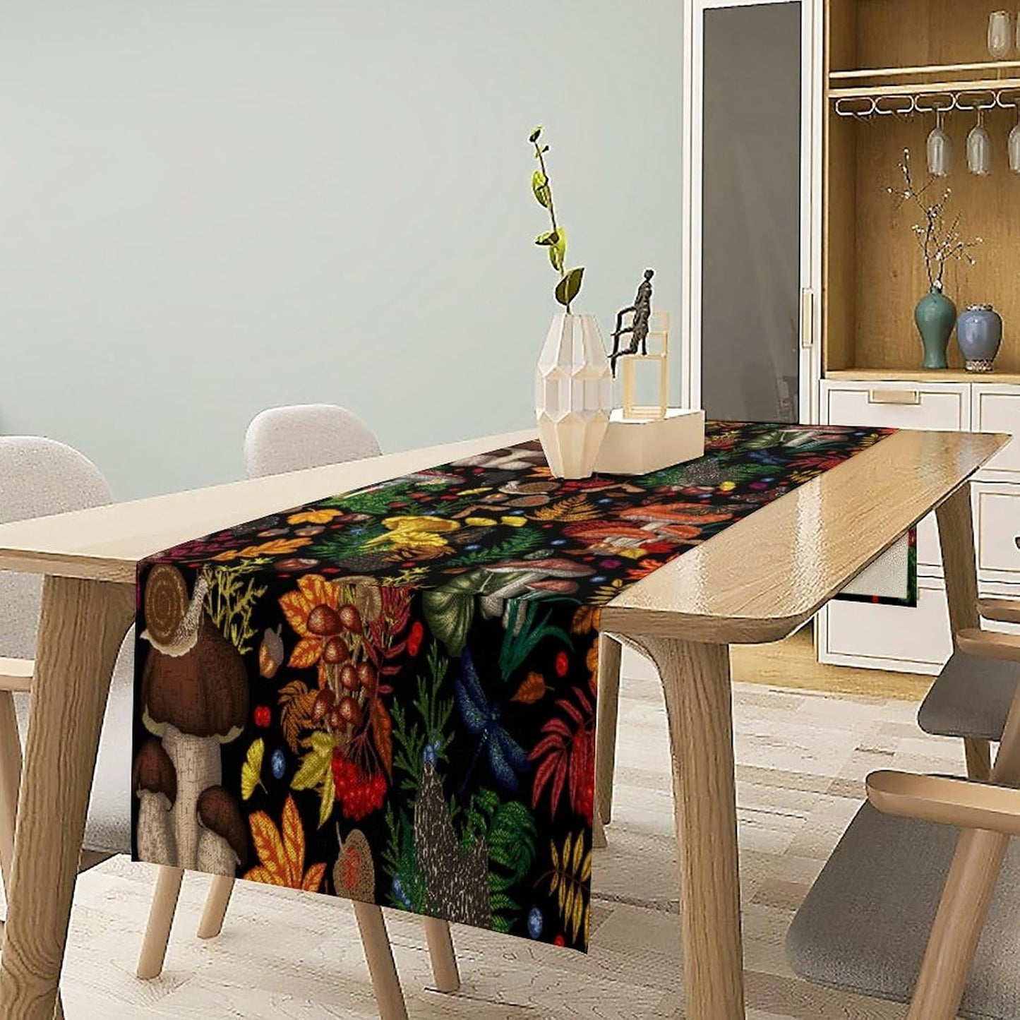Nature Mushroom Table Runner,Retro Boho Floral Botanical Plant Forest Pattern Print Tablecloth Burlap for Hotel Indoors Outdoor Dining Room Kitchen Holiday Party, 13x70in