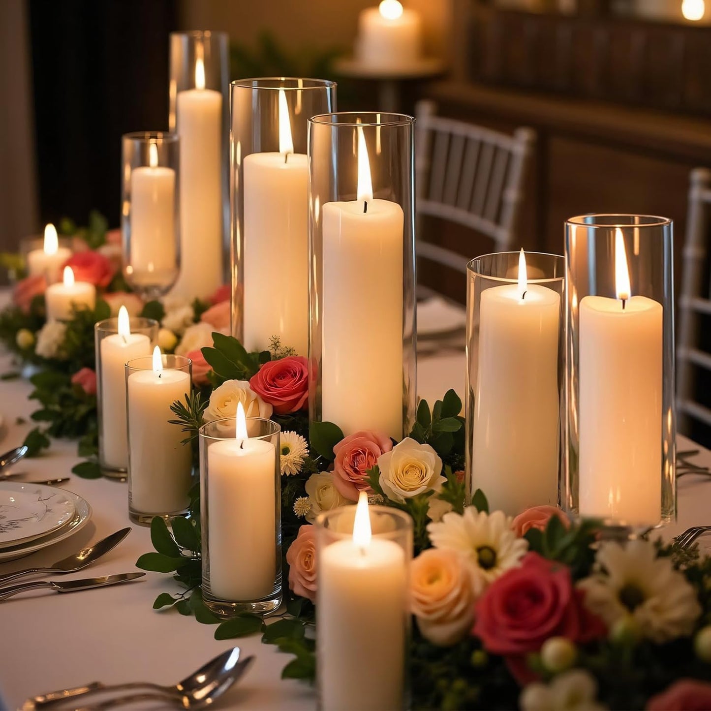 36 PCS Ivory White Pillar Candles with Glass Candle Holders Clear Hurricane Candle Holders Glass Cylinder Vases for Centerpieces Wedding Party, Event, Home Office (18 Candles+18 Candle Hoders)