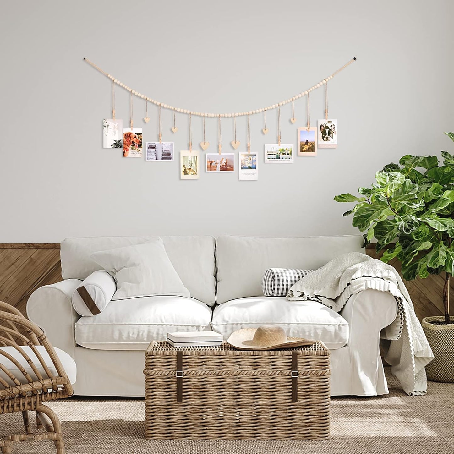 Hanging Photo Display Room Wall Decor, Boho Collage Picture Frame Christmas Cards Holder with 9 Wood Clips and 6 Wooden Hearts Tags, Xmas Card Display for Bedroom, Office, Nursery, Dorm Decor, 2 Pack