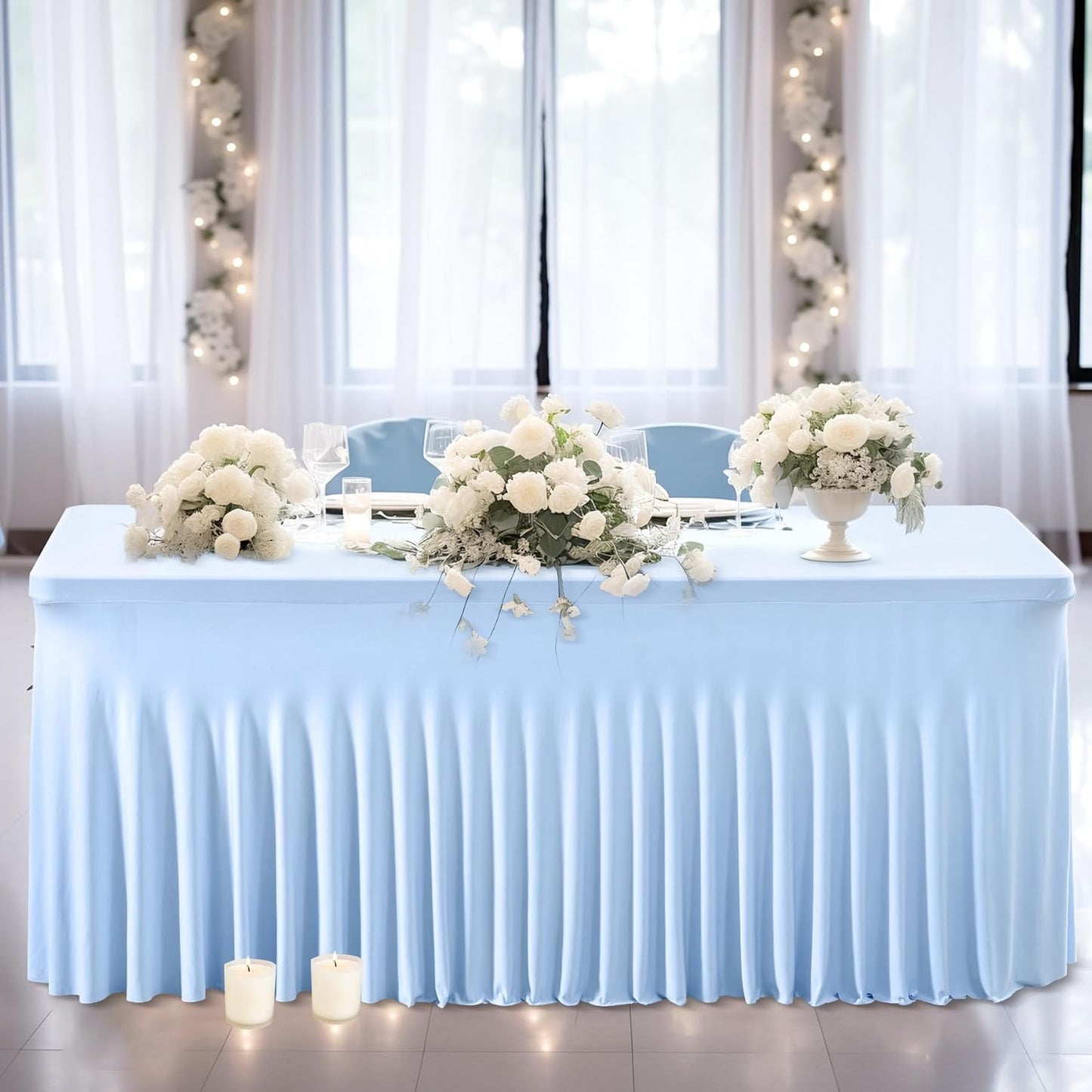 Wish Care 6 Pack Baby Blue Spandex Table Clothes for 8 Foot Rectangle Tables, 8FT Wrinkle Free Fitted Tablecloths Ruffles Design Table Cover for Party, Banquet, Wedding and Events