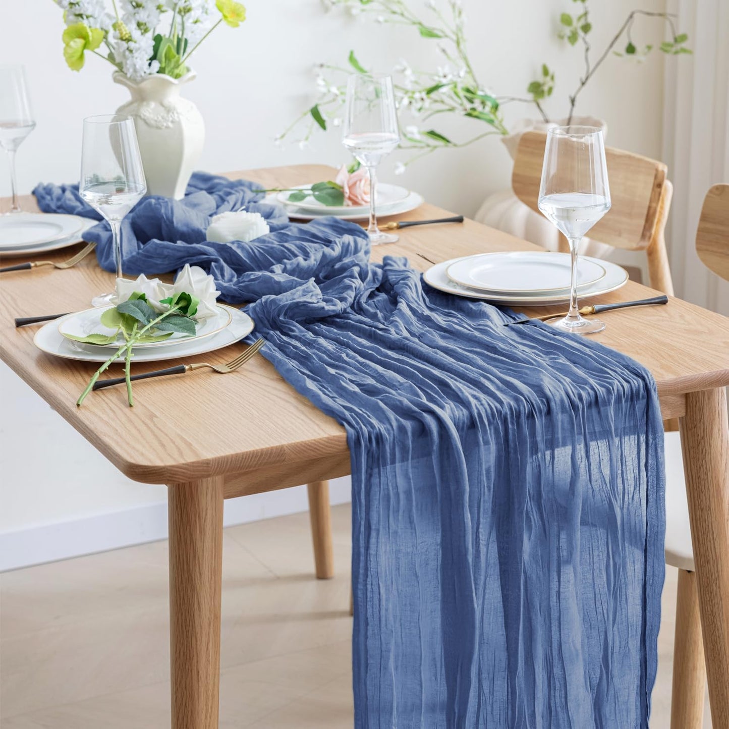 Asee'm 4pcs Cheesecloth Table Runner 120 Inches Long Blue Boho Gauze Cheese Cloth Runner 10FT Rustic Sheer Table Runners for Christmas Wedding Party Baby Shower Spring Easter Decoration