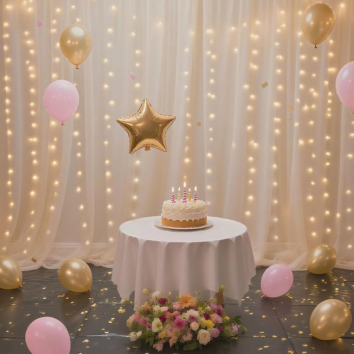10×10ft Tulle Backdrop Curtains with Lights String - 300LED Fairy Lights Sheer Curtain Backdrop for Weddings Baby Shower and Birthday Party Decorations(2 Panels 5×10ft)