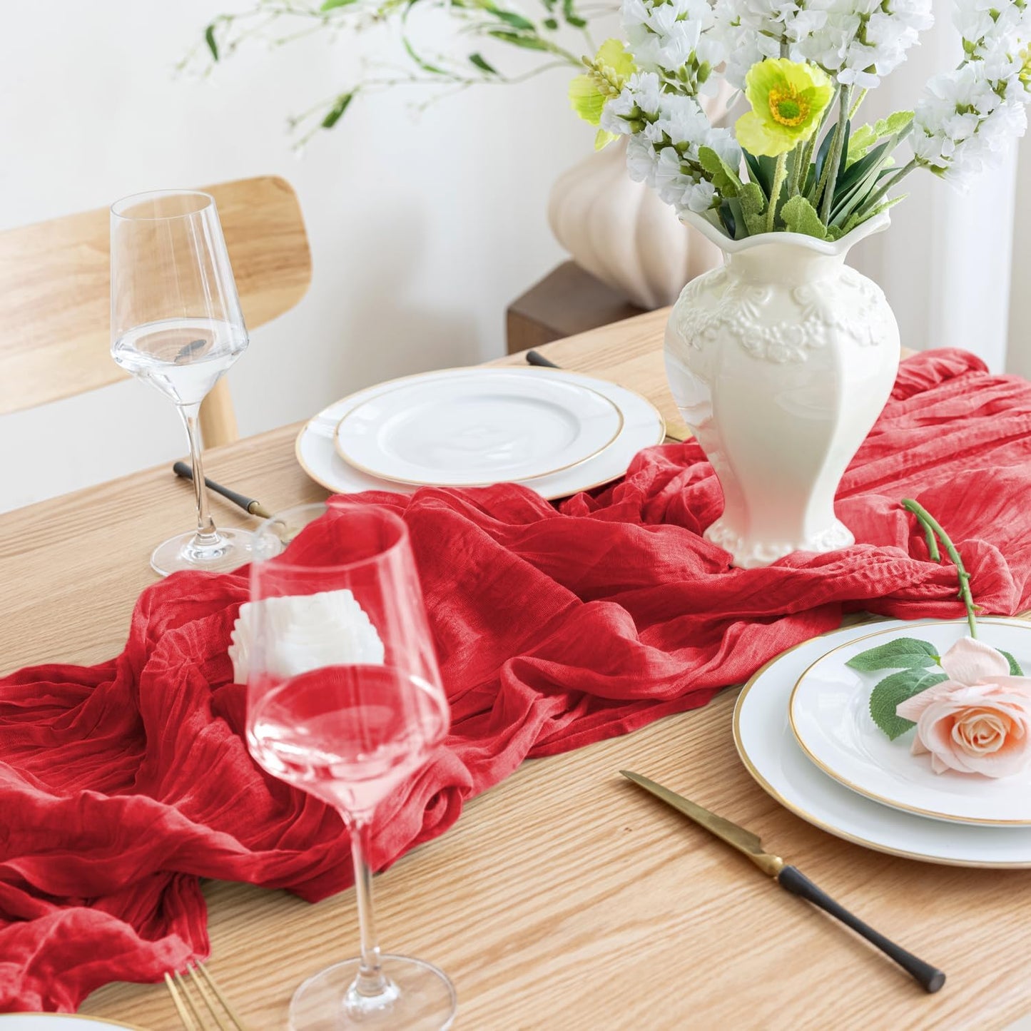 Asee'm Fall Table Runner Cheesecloth 10FT Red Boho Gauze Fabric Rustic Sheer Cheese Cloth Runners for Thanksgiving Wedding Bridal Shower Party Decoration