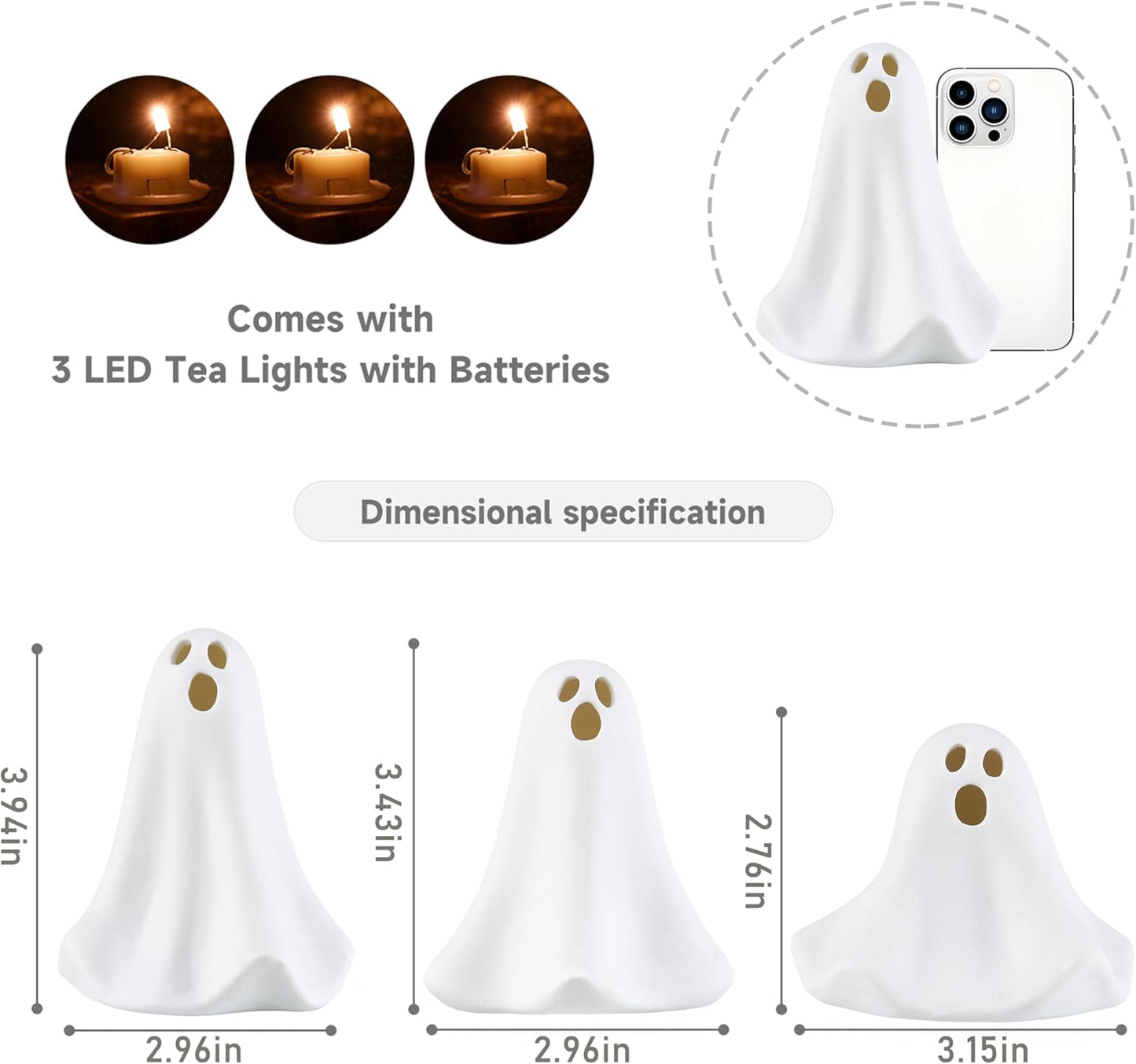 Ceramic Ghost Decor, 3Pcs Light Up Ghosts for Indoor Halloween Decorations, Battery Powered White Mini Ghost Figurines with LED for Spooky Halloween, Home Tabletop Shelf Centerpieces