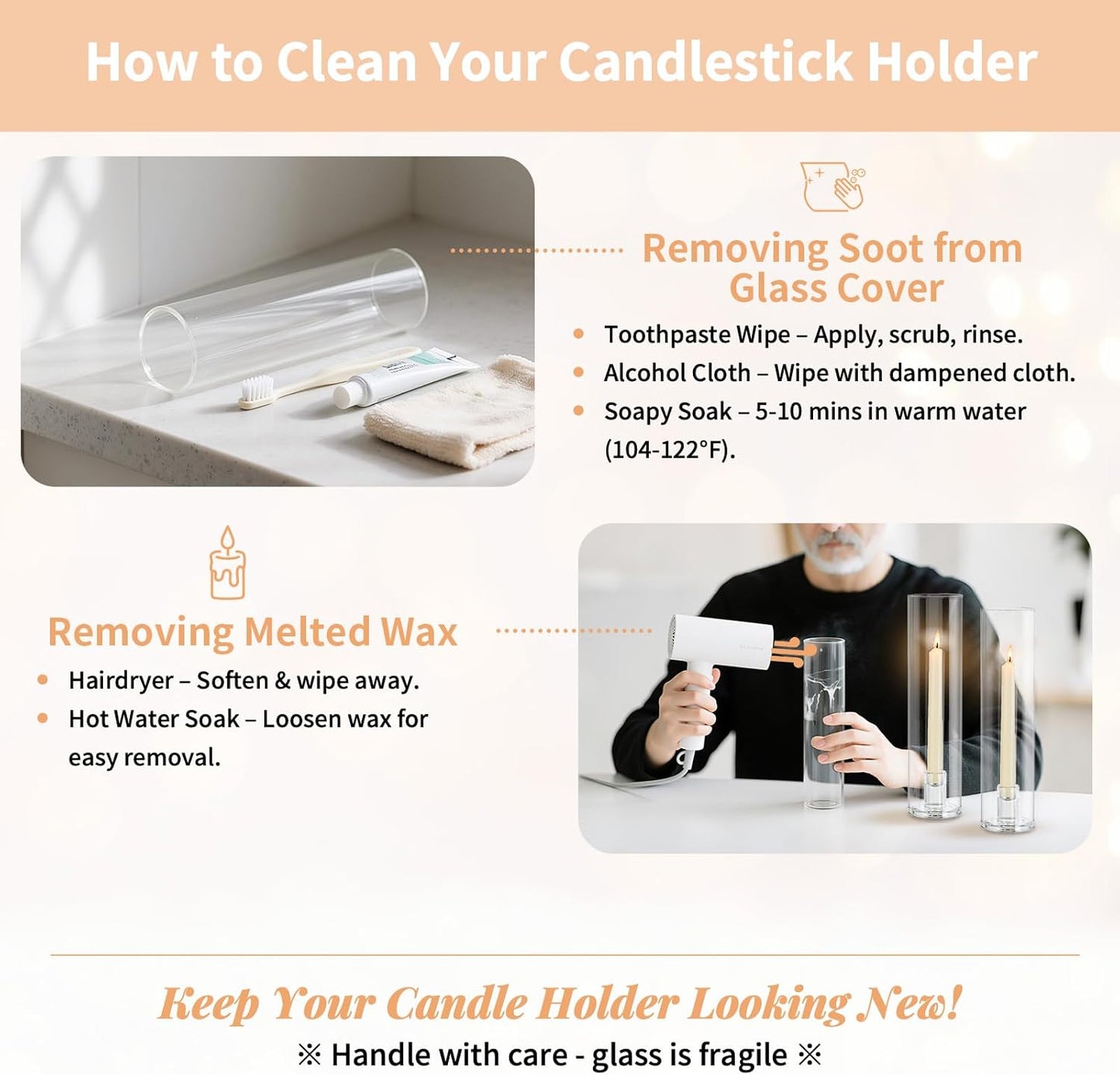 NUPTIO Candle Stick Candle Holder: Clear Glass Hurricane Candlestick Holders - Set of 6 Modern Taper Candle Stand with 11.8 inch Long Chimney Cover for Thanksgiving Christmas Fireplace Table Decor