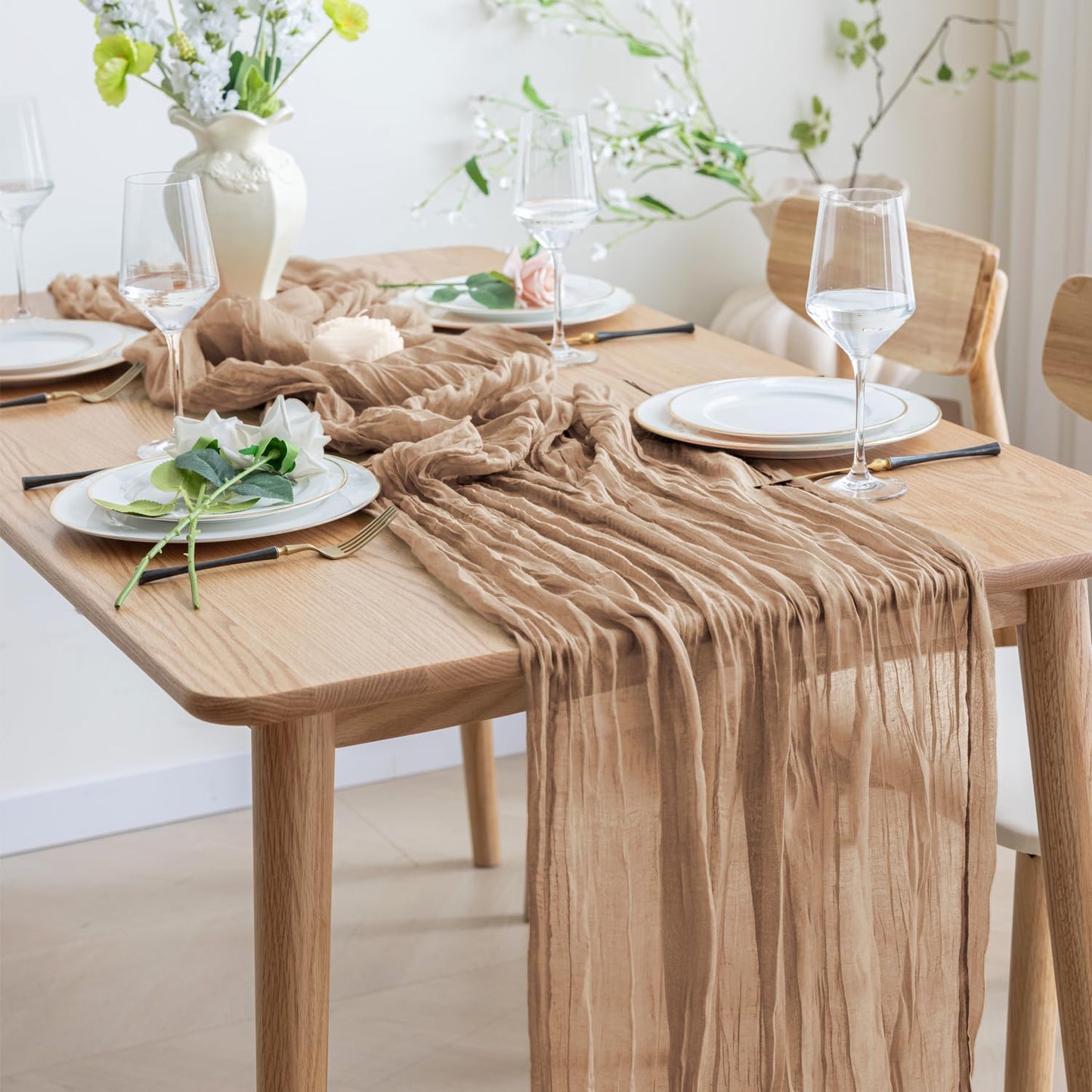 Asee'm 2pcs Cheesecloth Table Runner 120 Inches Long Nude Boho Gauze Cheese Cloth Runner 10FT Rustic Sheer Table Runners for Christmas Wedding Party Baby Shower Spring Easter Decoration