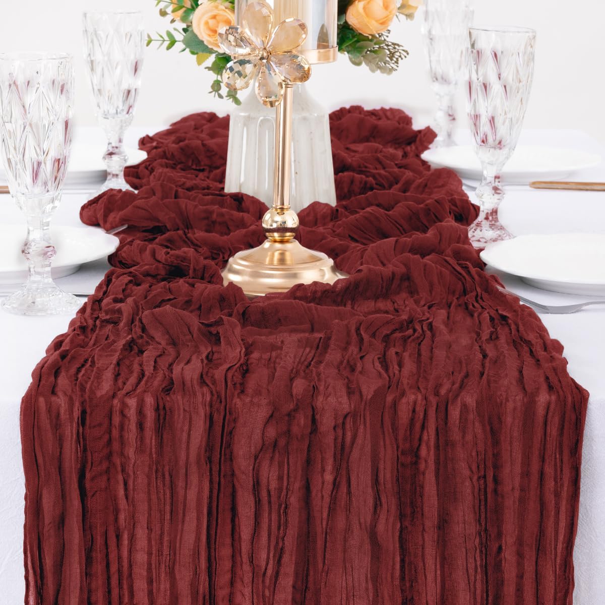 MLMW 6 Pack Christmas Table Runner Cheesecloth Burgundy Boho Cheese Cloth 160 inch Gauze Rustic Sheer Table Runner 13.3ft for Party Wedding Baby Bridal Shower Birthday