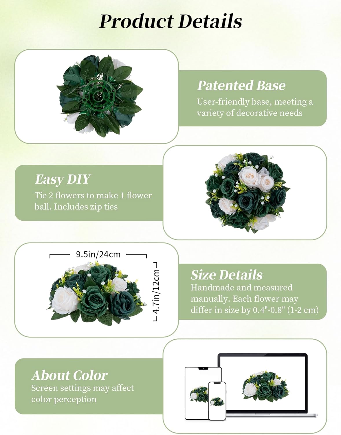 BLOSMON Green Flowers Artificial for Decoration: 2 Pcs Fake Rose Balls Centerpiece for Wedding Table - Faux Silk Kissing Bouquet Floral Arrangement for Home Party Event Decor
