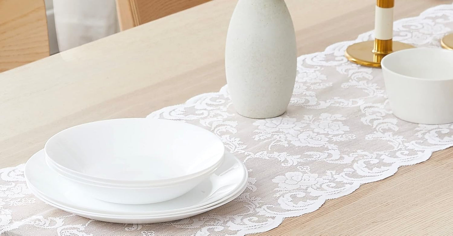 LinenZone White Table Runner with 2 Tassels for Rustic Vintage Decor. Lace Table Runner Works Great As Wedding, Thanksgiving or Christmas Decor (Mia 14 x 36, White)