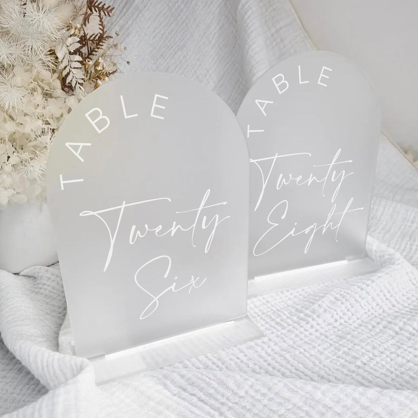 JINMURY Frosted Arch Wedding Table Numbers 1-30 with Stands, 5x7 Inch Frosted Arch Acrylic Sign with White Letters, Arched Acrylic Table Numbers for Wedding Reception