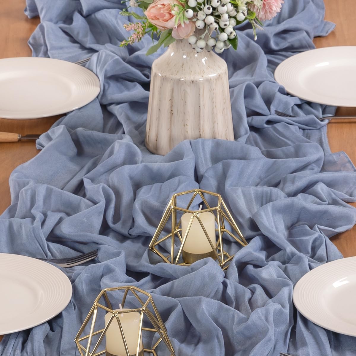 MLMW Dusty Blue Table Runner Cheesecloth Gender Reveal Boho Gauze Rustic Cheese Cloth Table Runner 160 inch Sheer 13.3ft for Wedding Party Baby Bridal Shower Birthday