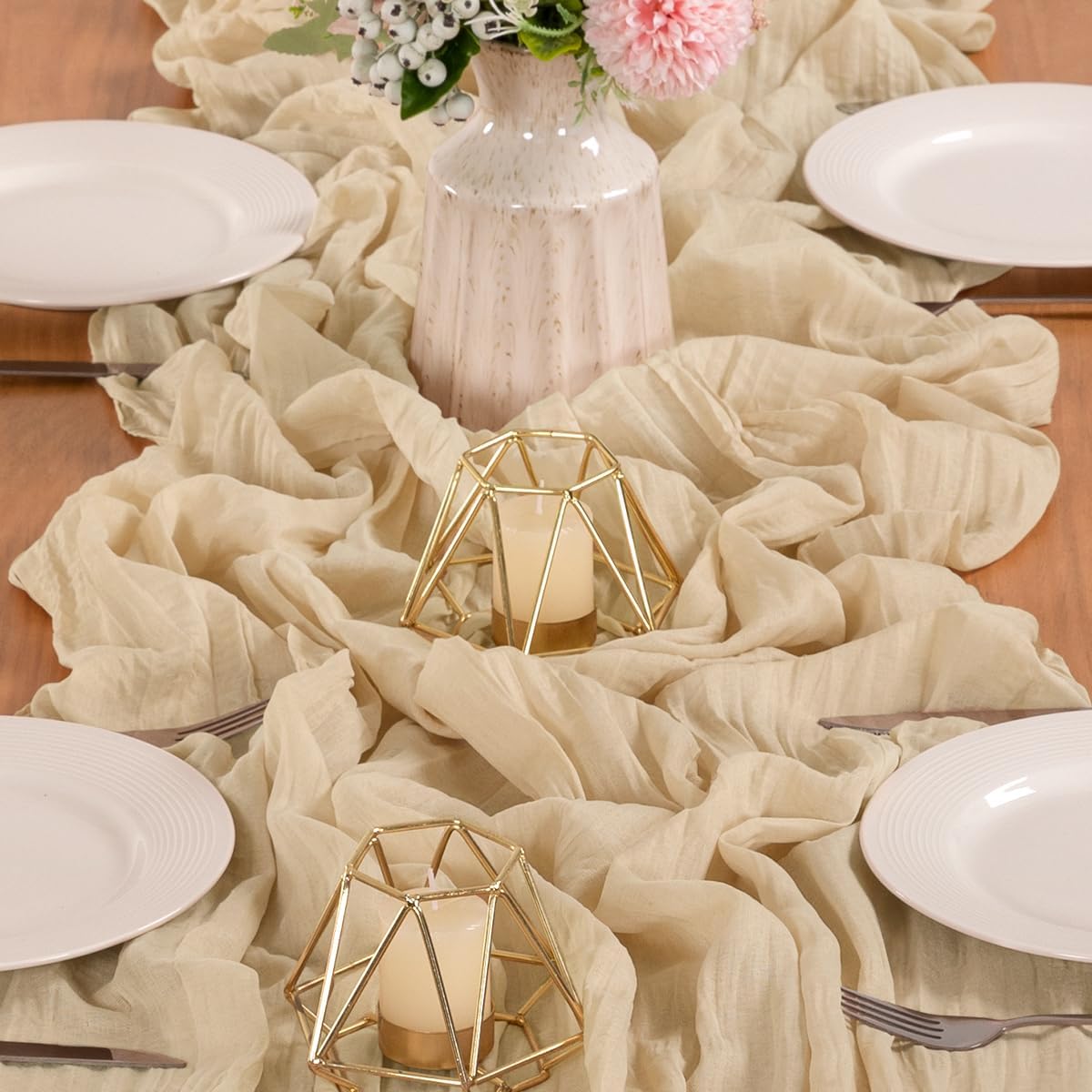 MLMW 10 Pack Champagne Gold Table Runner Cheesecloth Boho Gauze Rustic Cheese Cloth 160 inch Sheer Wedding Table Runner 13.3ft for Thanksgiving Party Baby Bridal Shower Birthday