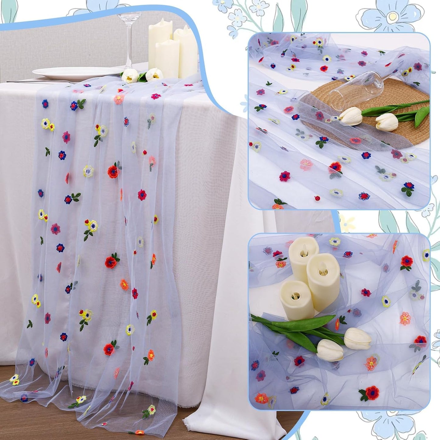 3PCS Blue Floral Table Runner 10 FT, Embroidery Daisy Table Runners Seasonal Sheer Tulle Table Runner for Thanksgiving Wedding Birthday Baby Shower Party 