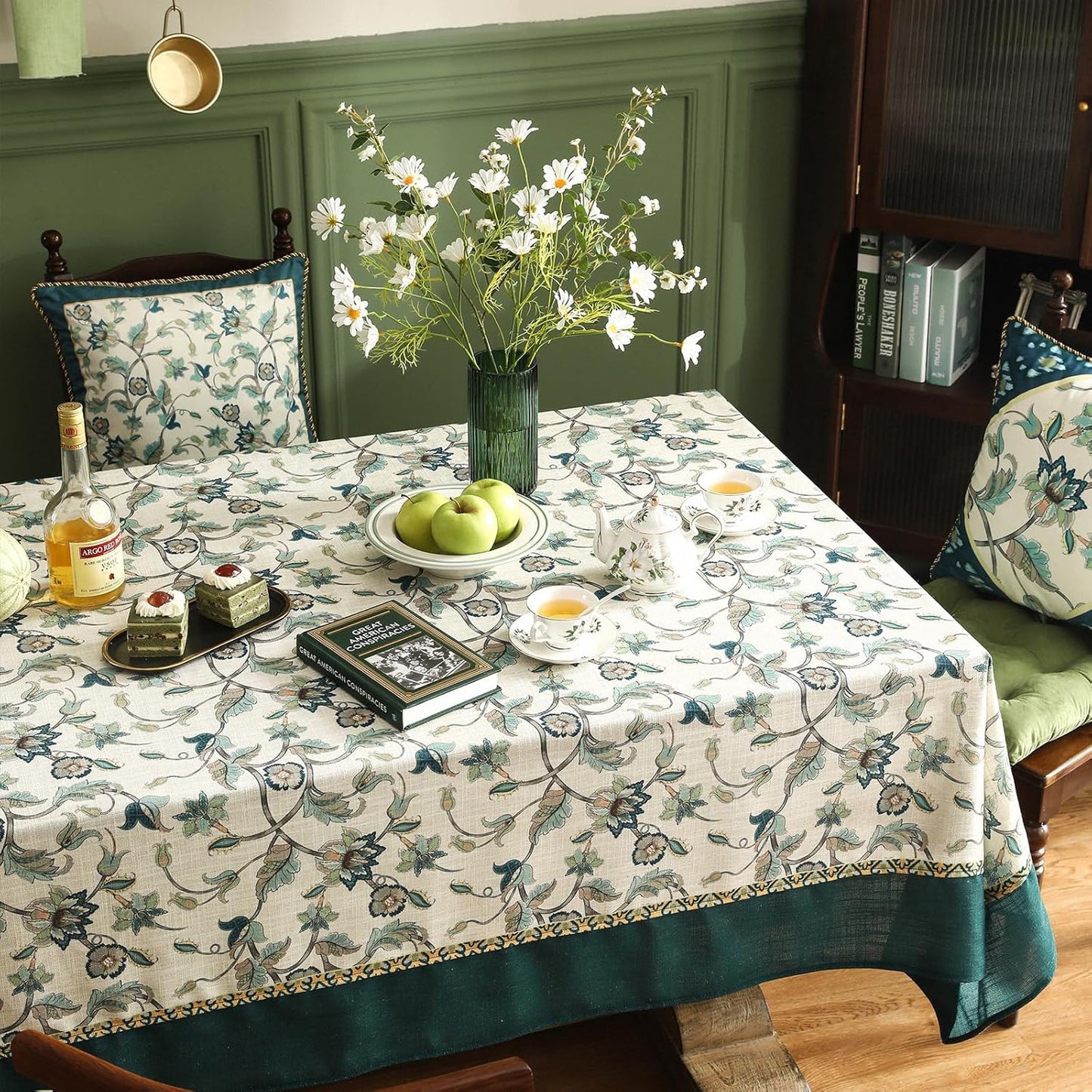 patdrea Designer Green Square Table Cloth,Vintage Floral Linen Durable Breathable French Tablecloth,Dacorative Table Cover for Kitchen Dining,Christmas,Thanksgiving,Tea Party,67"x67"-Noah