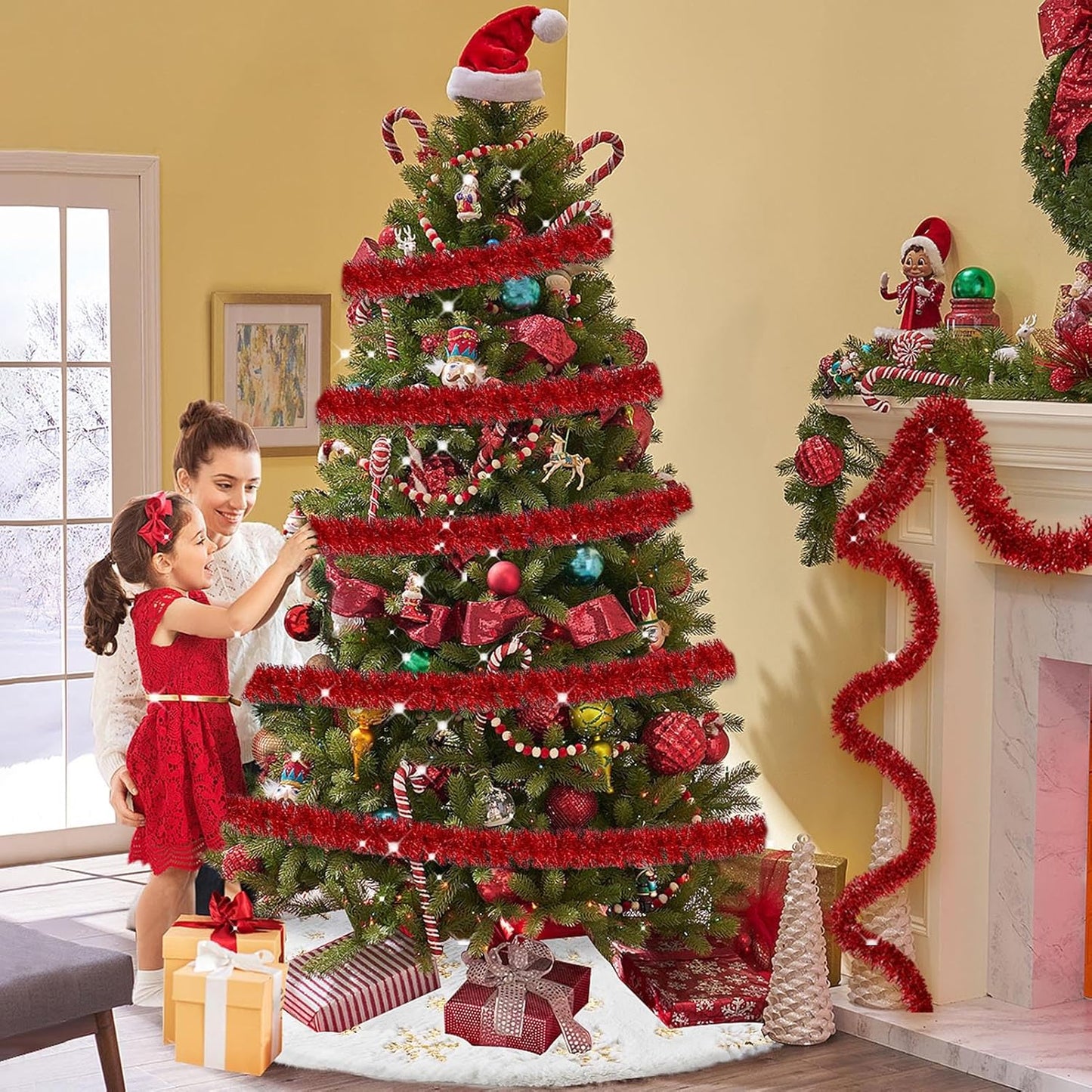 25 Feet Metallic Twist Tinsel Garland - Wall Hanging Backdrop for Parade Floats, Christmas Eve, New Year, Valentine's Day Parties (Red, 4in x 25ft)