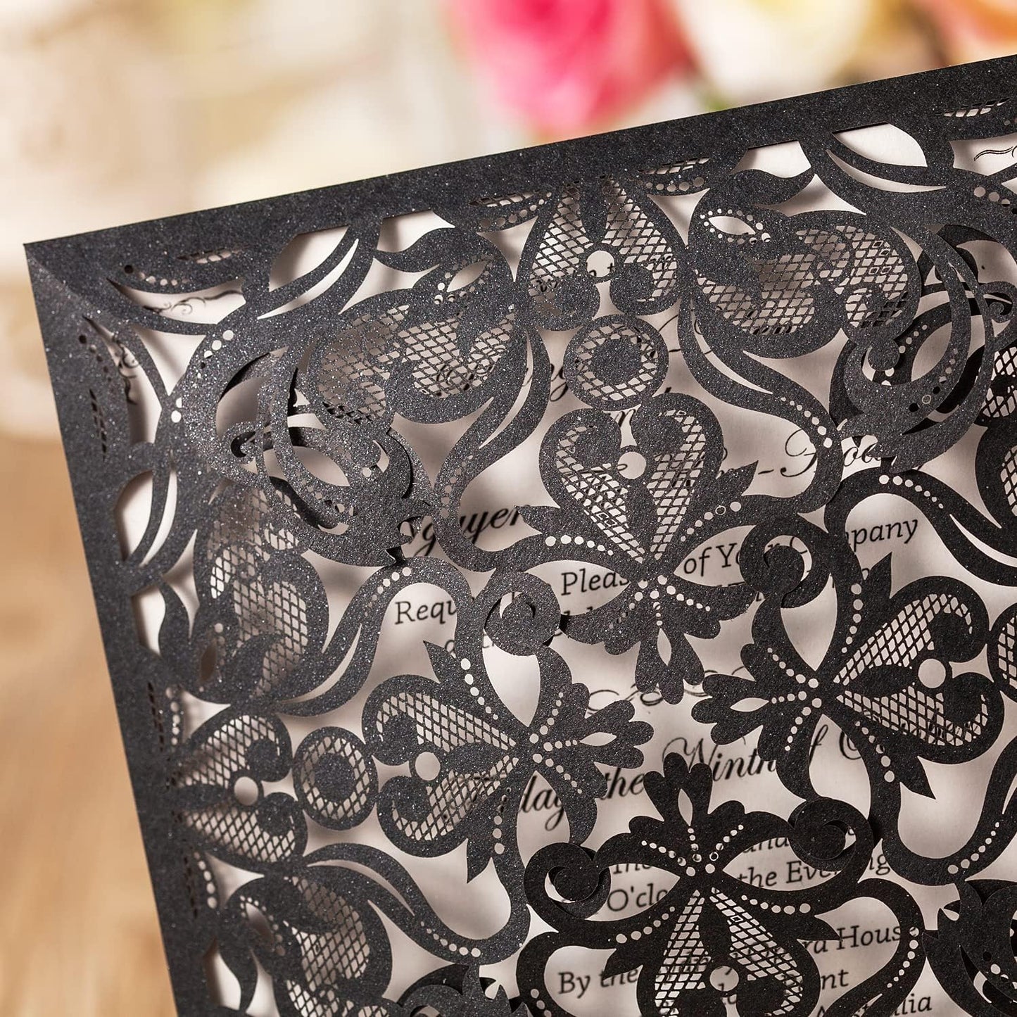 Hosmsua 50PCS Personalized Black Laser Cut Hollow Lace Rose Invitation Cards with Envelopes 6.3 x 6.3 Inch Wedding Invitations for Engagement Wedding Invite (Customized Printed)