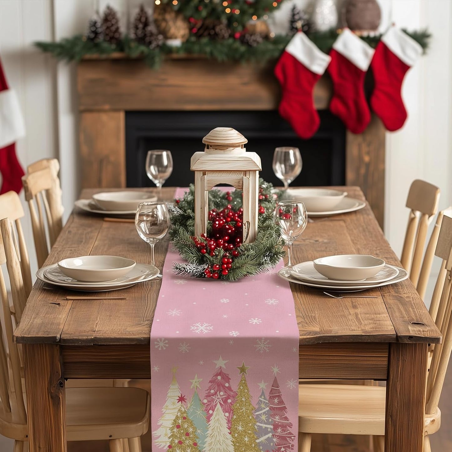 GEEORY Christmas Table Runner 13x90 Inch, Xmas Trees Snowflakes Holiday Decorative Farmhouse Table Decoration for Kitchen Dinning, Indoor Outdoor Dinner Party Decor (Pink) GT153-90
