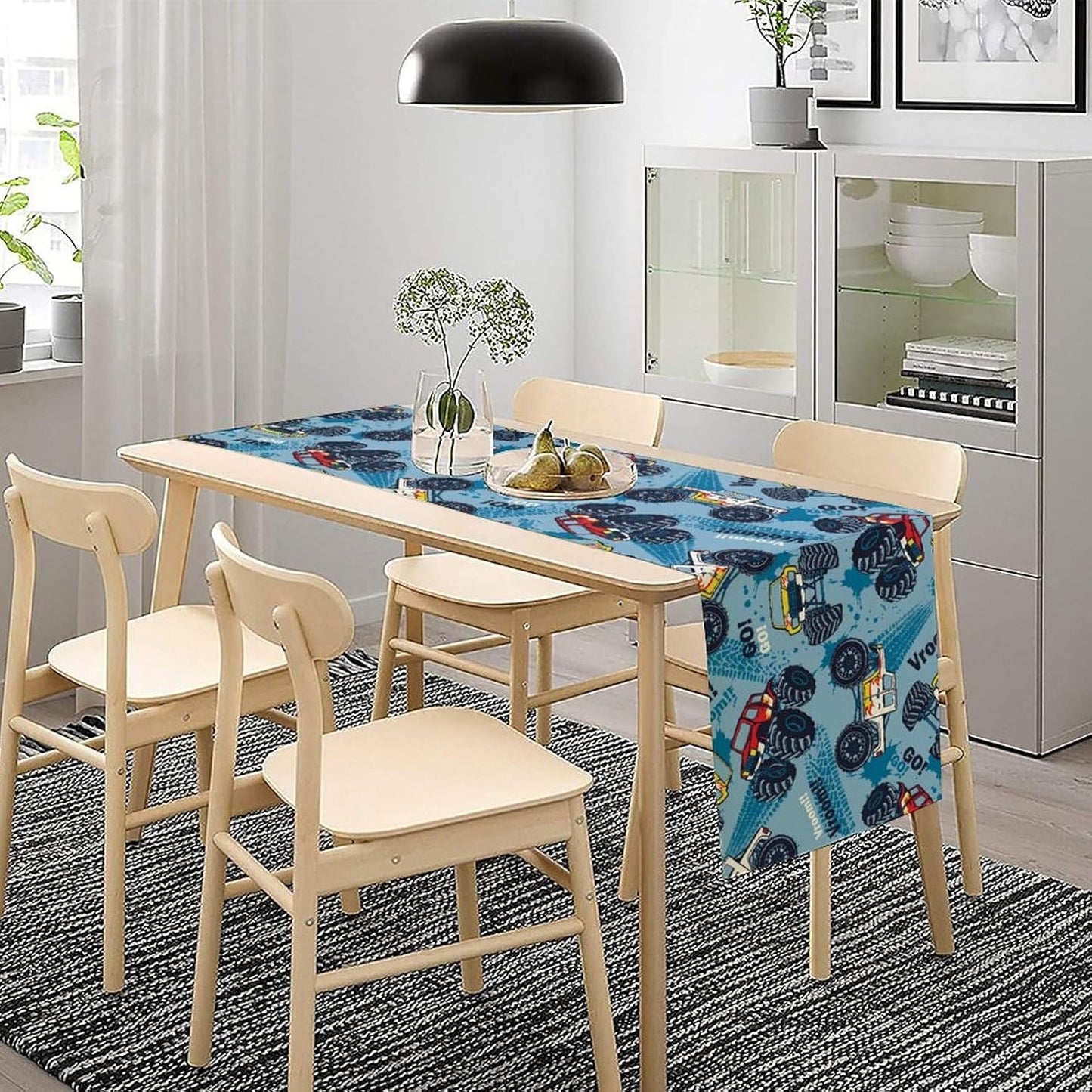 Monster Truck Table Runner,for Kids Boys Cool Colorful Cartoon Blue Cars Pattern Print Tablecloth Burlap for Hotel Indoors Outdoor Dining Room Kitchen Home Decor,W13X L80 in