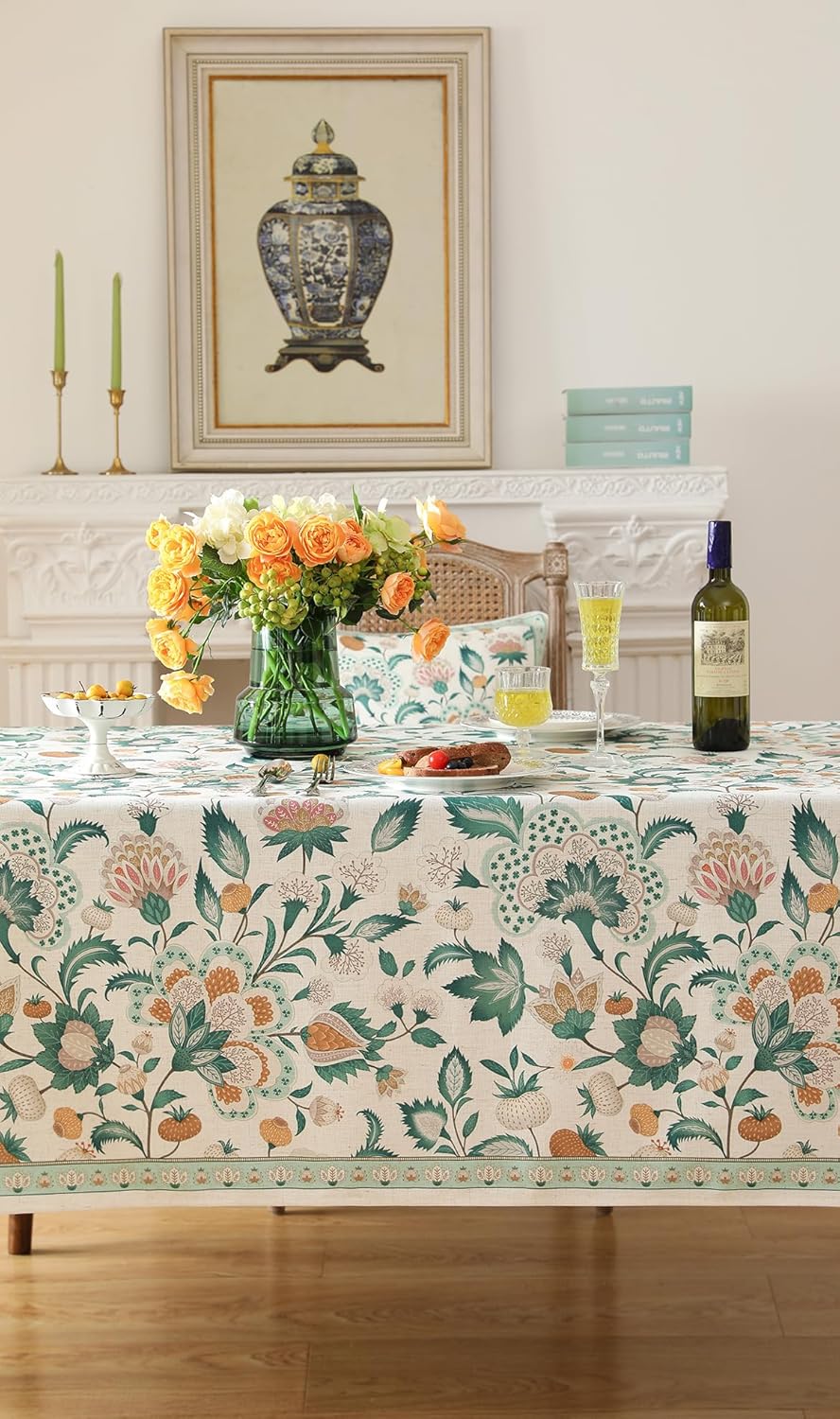 patdrea Designer Linen Green Small Cloth for Rectangle Table,Vintage Italian Floral Country Linen Tablecloth,Decor Cover for Kitchen Dining,Christmas,Thanksgiving,Tea Party,55"x71"-Tree Life