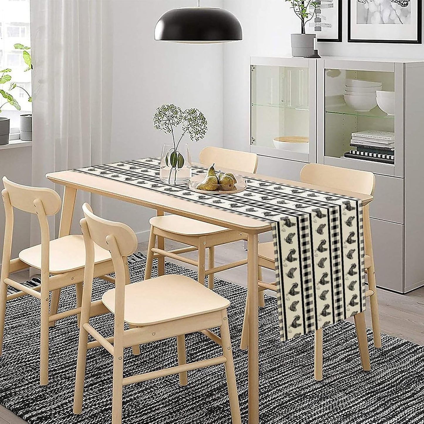 Rooster Table Runner,Farmhouse Animal Vintage Chicken Black White Plaid Check Tablecloth Burlap for Hotel Indoors Outdoor Dining Room Kitchen Home Decor,W13X L108 in