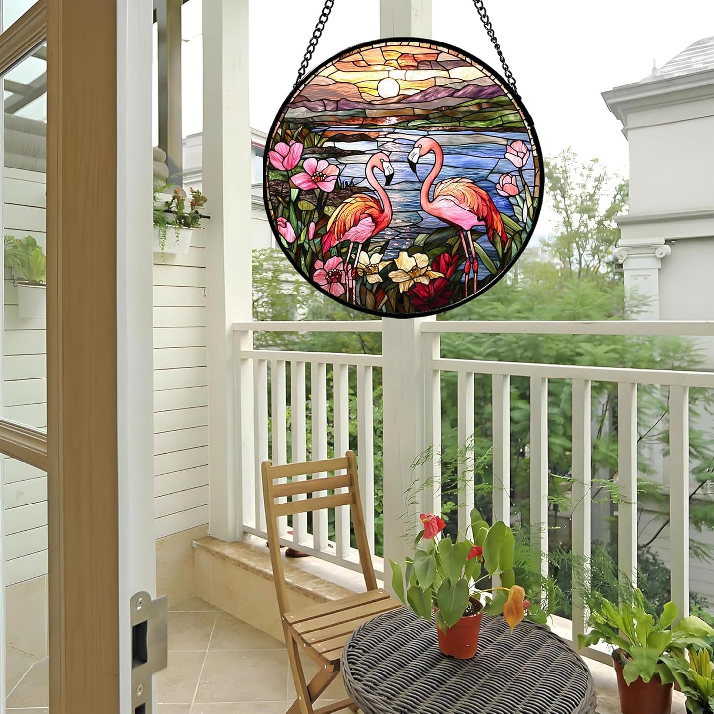 Stained Glass Window Hanging - Flamingo Wildflowers Landscape Suncatcher for Door Terrace Garden Home Decor Sunset Lake Sun Catcher Birthday Gifts for Lovers Women Men Dad Mom Nana 11.8 in