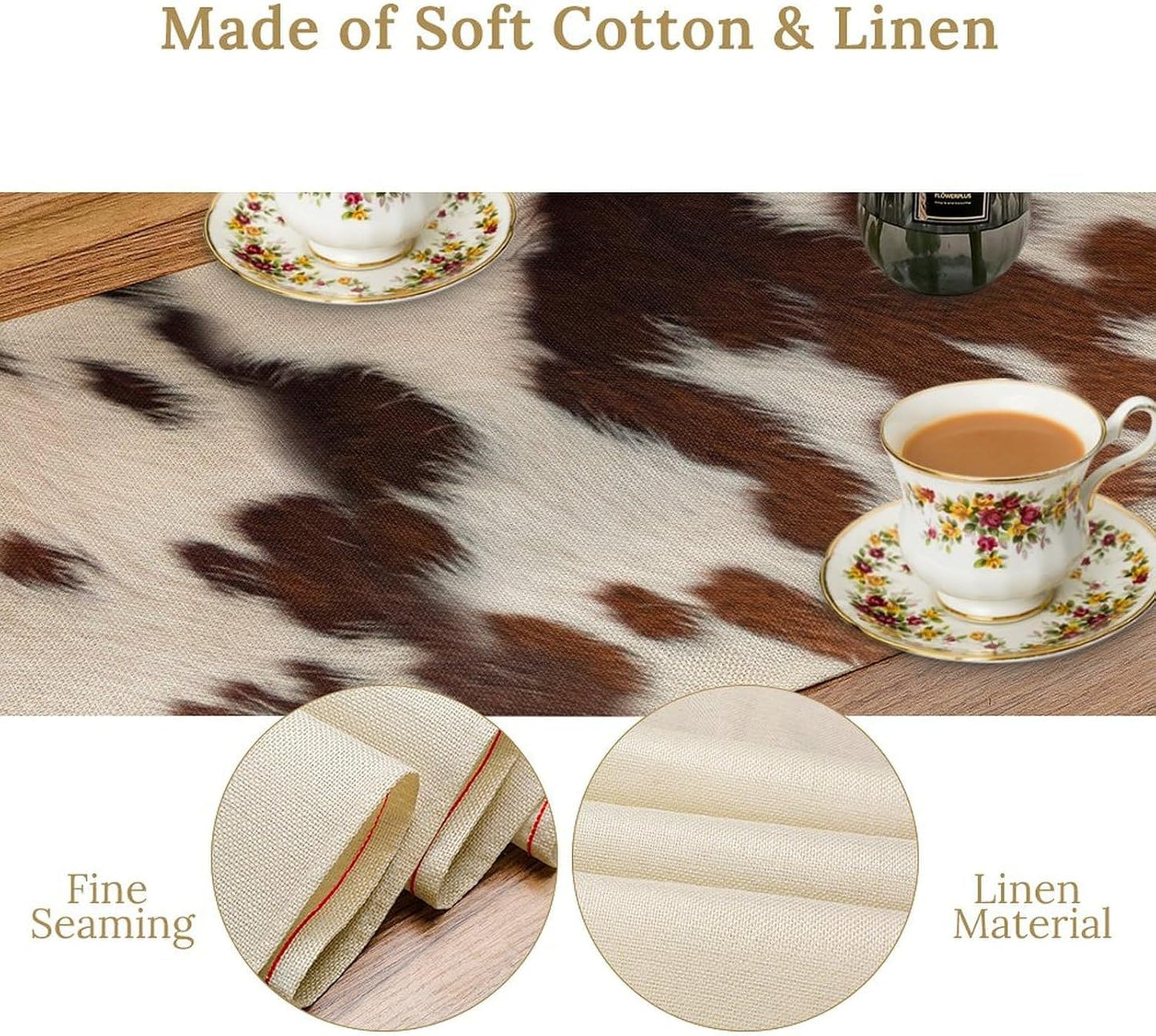 Farmhouse Cow Skin Print Table Runner, Safari Wildlife Brown Country Farm Cowhide Pattern Cotton Linen Rustic Cottage Table Runner for Dinning Home Party Holidays Home Setting, 13x36 Inch