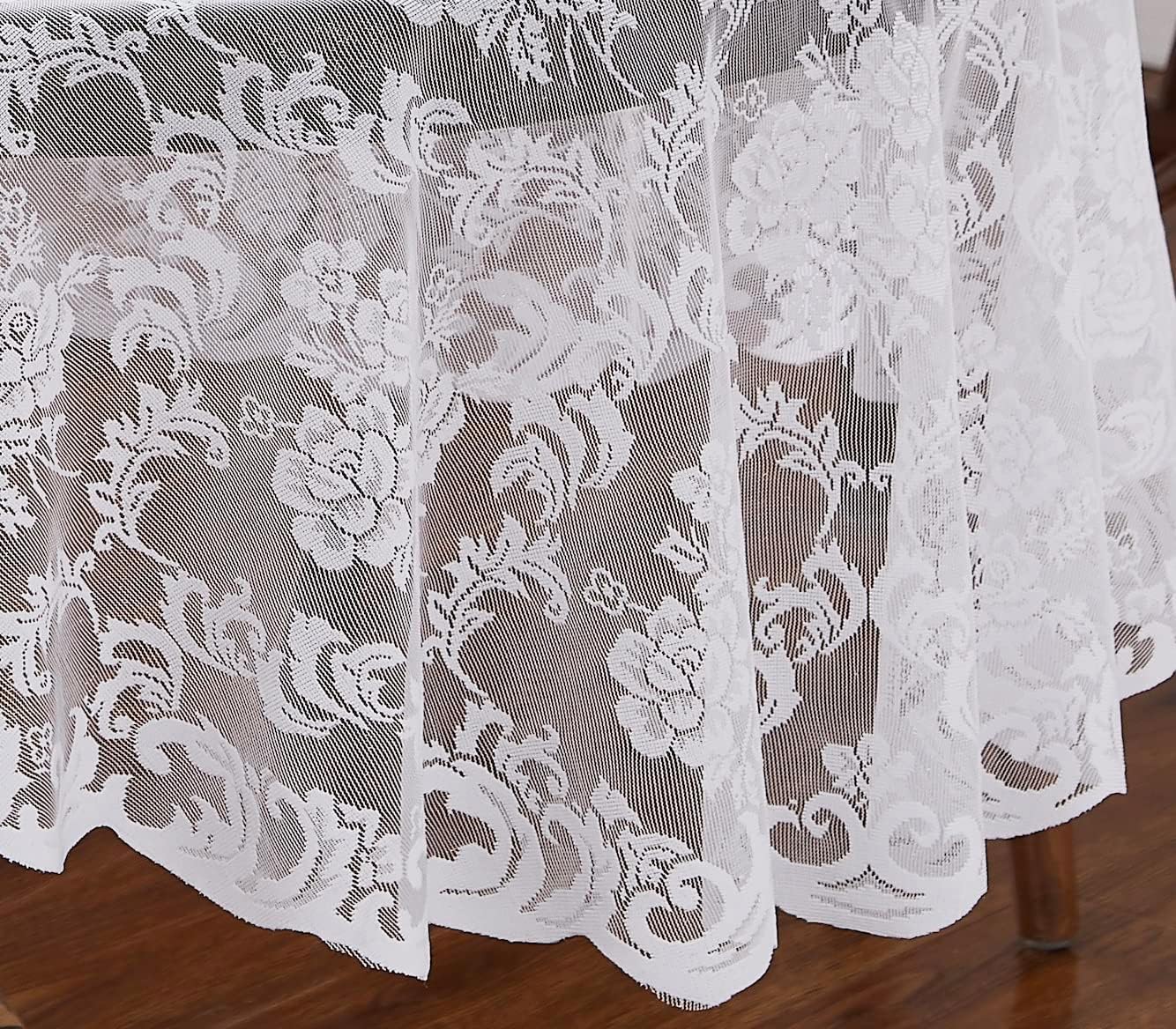 LinenZone White Oval Tablecloth for Rustic Vintage Decor. Sheer Lace Tablecloth Works Great As Wedding Tablecloth, Thanksgiving Tablecloth or Christmas Tablecloth (Mia Oval 104, White)
