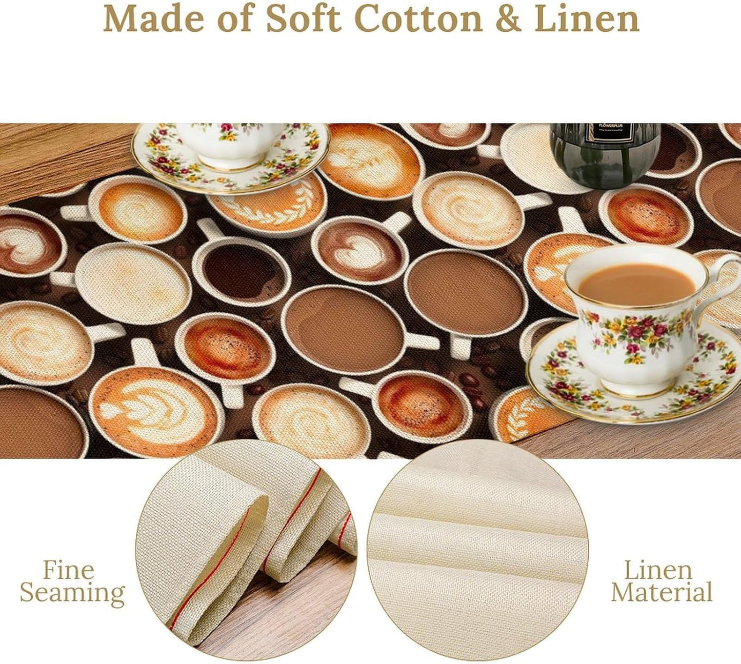 Coffee Theme Table Runner, Farmhouse Coffee Cup Latte Cappuccino Tea Party Rustic Cafe Table Center Decor for Home Kitchen Dining Patio Holiday Party Indoor Outdoor Table Decorations,13"x36" Inch