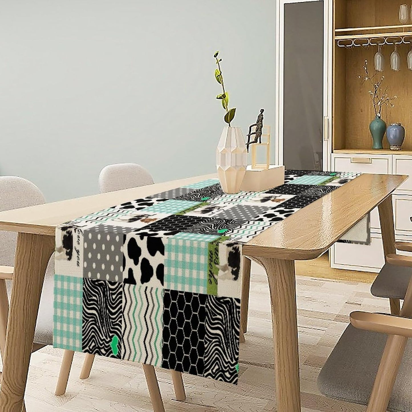 Cute Cow Print Table Runner,Farm Animals Honeycomb Plaid Stripes Cowhide Pattern Tablecloth Burlap for Hotel Indoors Outdoor Dining Room Kitchen Table Decor, 13x36in