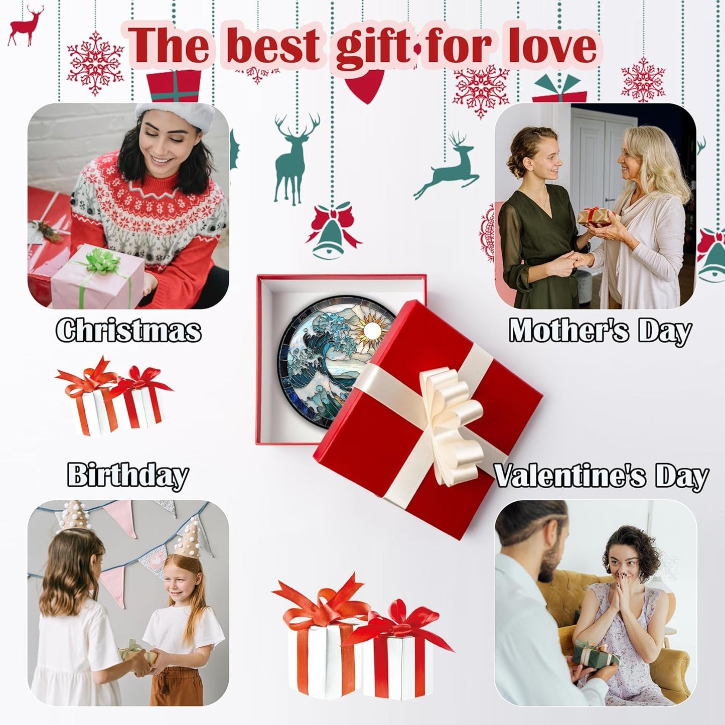 Stained Glass Window Hanging - White Sun Big Wave Suncatcher for Door Terrace Garden Home Decor Blue Ocean Landscape Sun Catcher Birthday Gifts for Lovers Women Men Dad Mom Nana 11.8 in