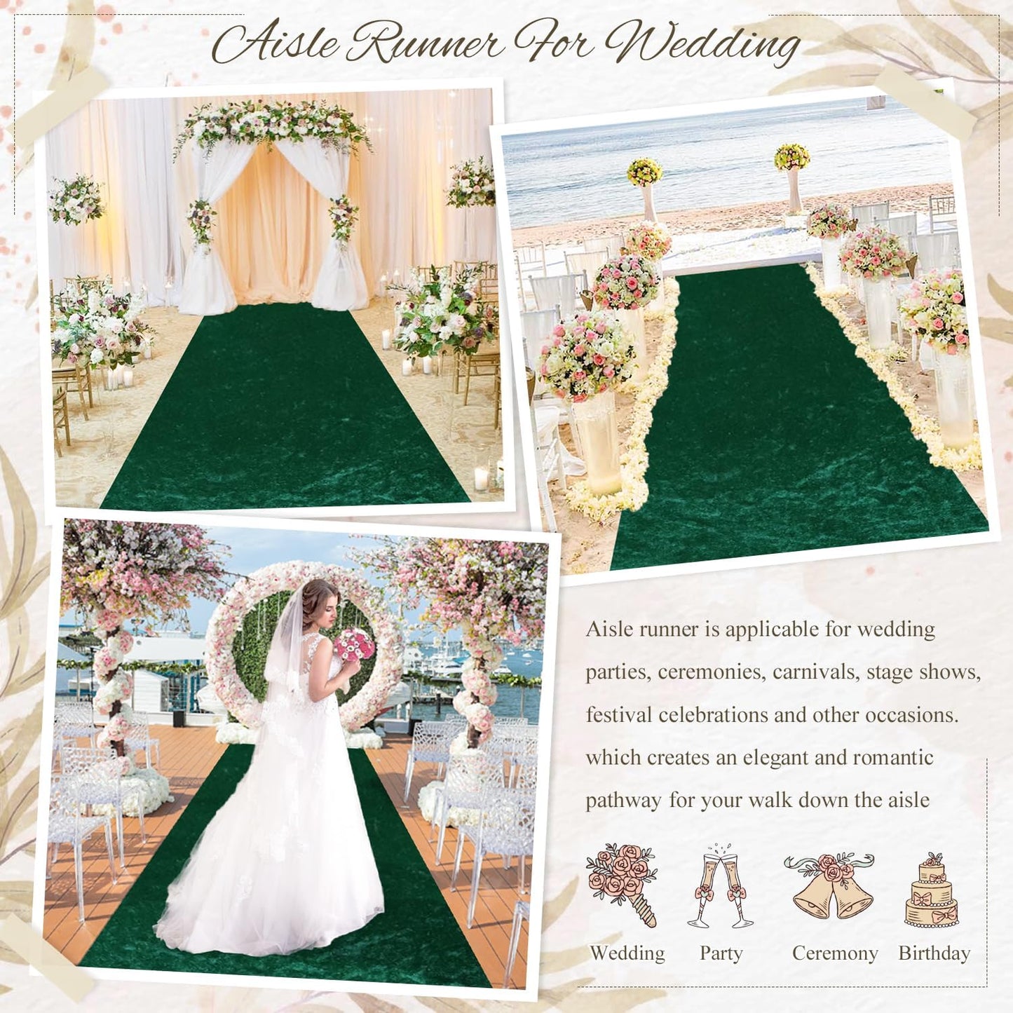 MODFUNS Wedding Aisle Runners Dark Green Aisle Runner 4FTx25FT Velvet Carpet Runner for Party Wedding Walkway Rug with Carpet Tapes Vintage Outdoor Beach Prom Reception Carpet