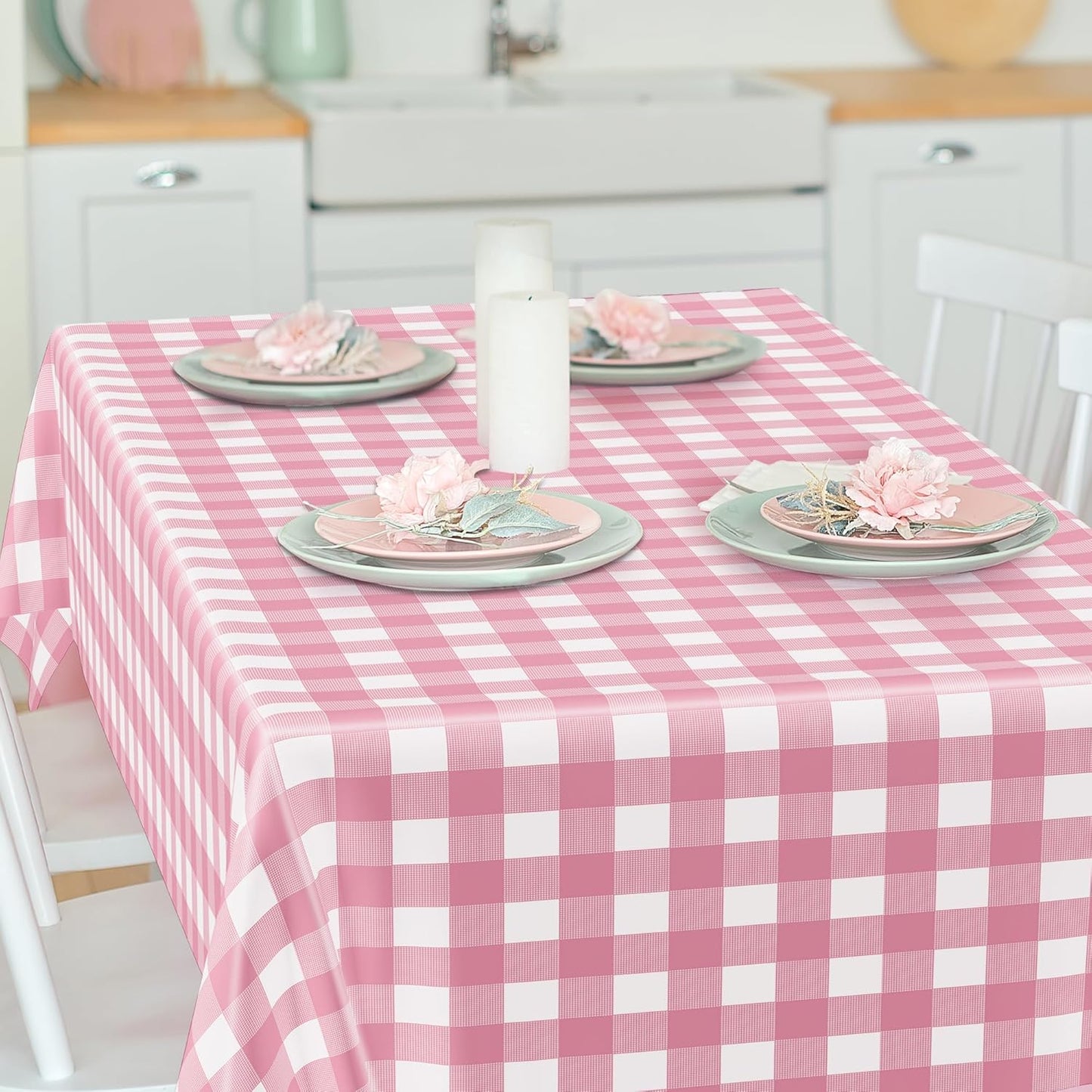 12Pack Table Cloth Rectangle Table, 54" x 108" Plastic Table Cloth Disposable, Waterproof Pink and White Checkered Table Cover for Outdoor Picnic Birthday Party Supplies Gathering BBQ Holiday Dinner