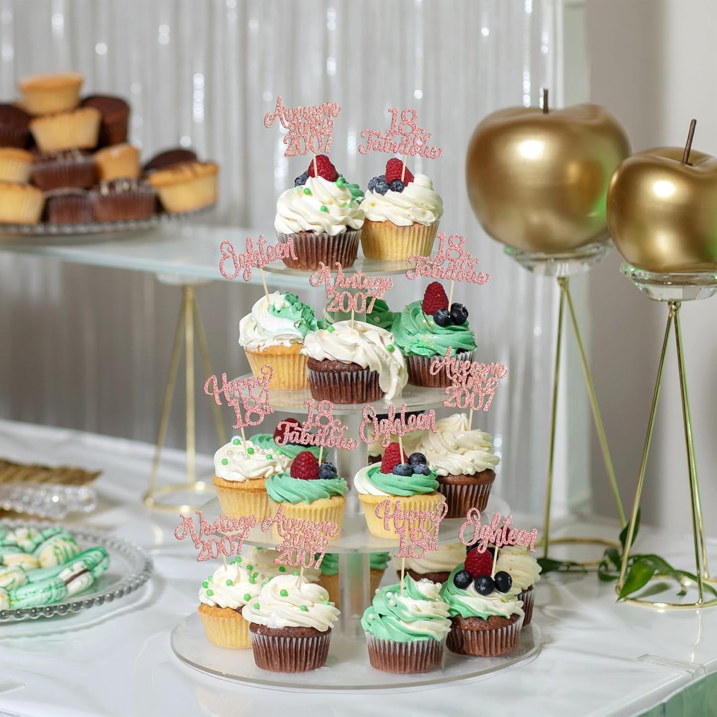 30Pcs Vintage 2007 Cupcake Toppers Glitter Eighteen 18 Fabulous Happy 18th Birthday Cupcake Picks Cheers to 18 Years for 18th Birthday Anniversary Party Cake Decorations Supplies Rose Gold