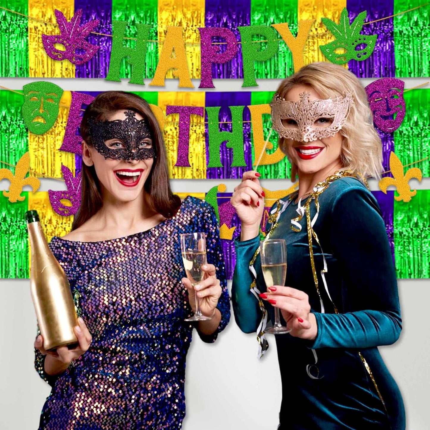 4 Pack 10 Ft Gold Green Purple Foil Fringe Garland Metallic Streamers Tinsel Banner Wall Hanging Garland Backdrop for Parade Floats, Halloween, Christmas, Thanksgiving, New Year Party Decorations