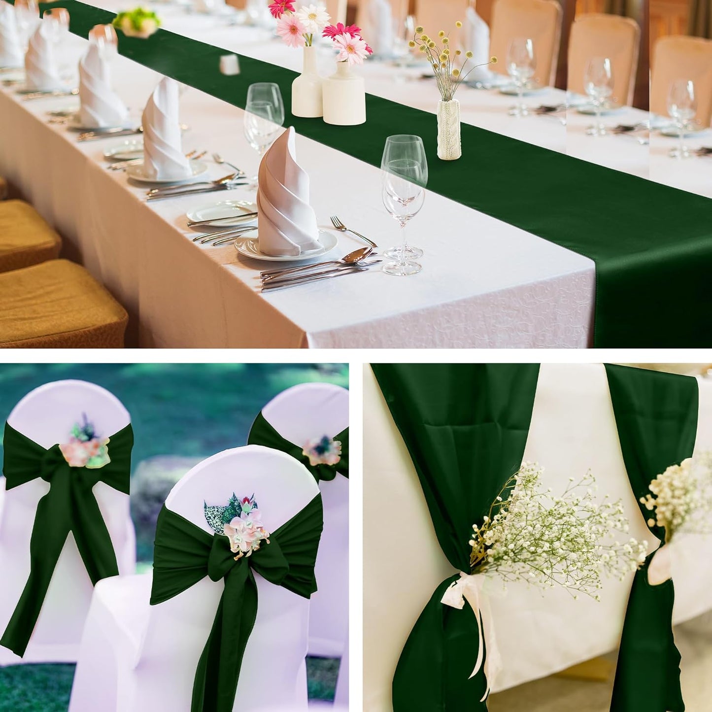 Aneco 16 Pack Satin Table Runner 12 x 108 Inch Black Green Long Wedding Satin Silk Table Runner for Wedding Banquet Graduations Birthday Party Decoration