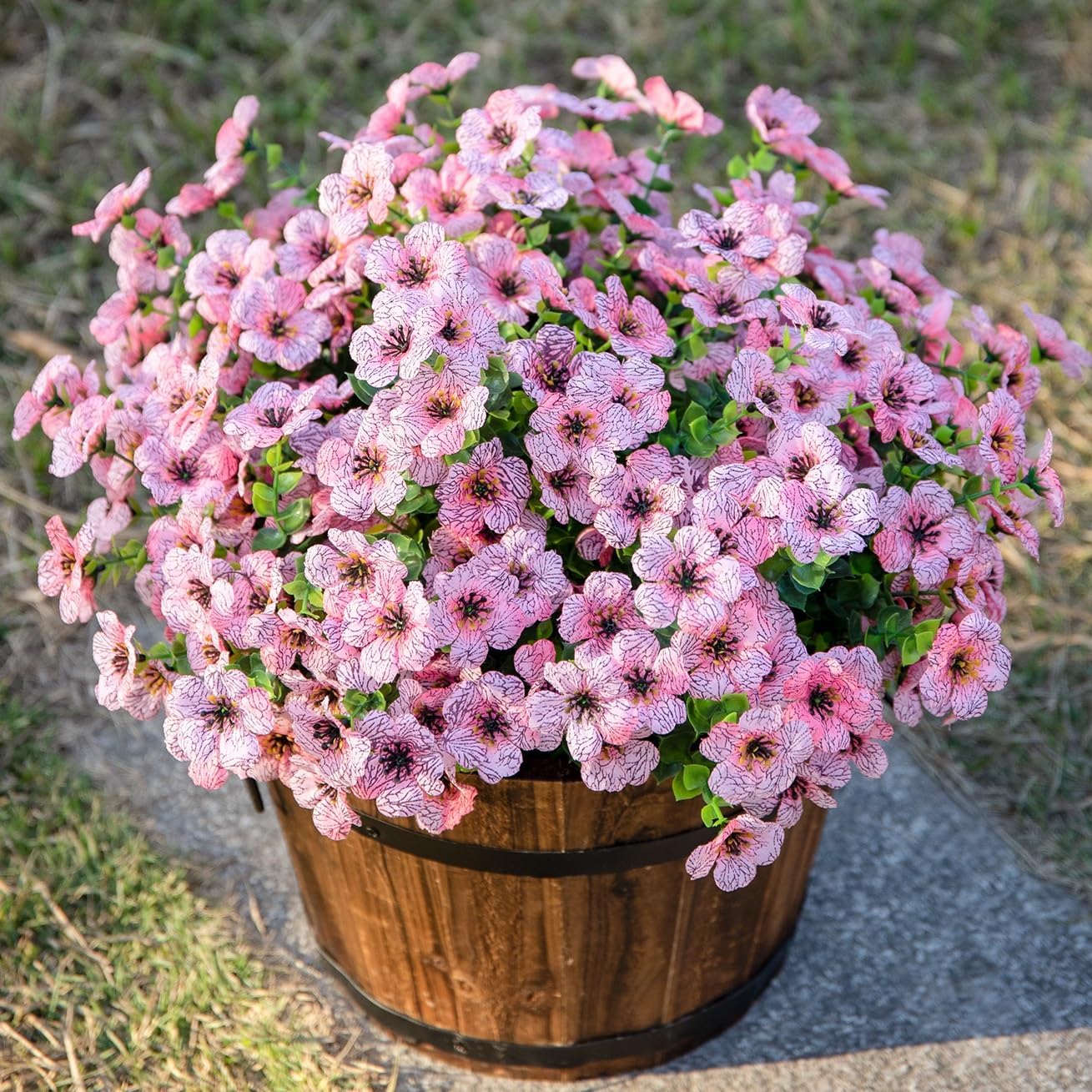 HyeFlora Artificial Flowers for Outdoor Indoor Garden Home Decoration, Faux Flower Daisy with Eucalyptus Leaves Fake Plants Greenery Boxwood Porch Patio, 12 Bundles (Pink)