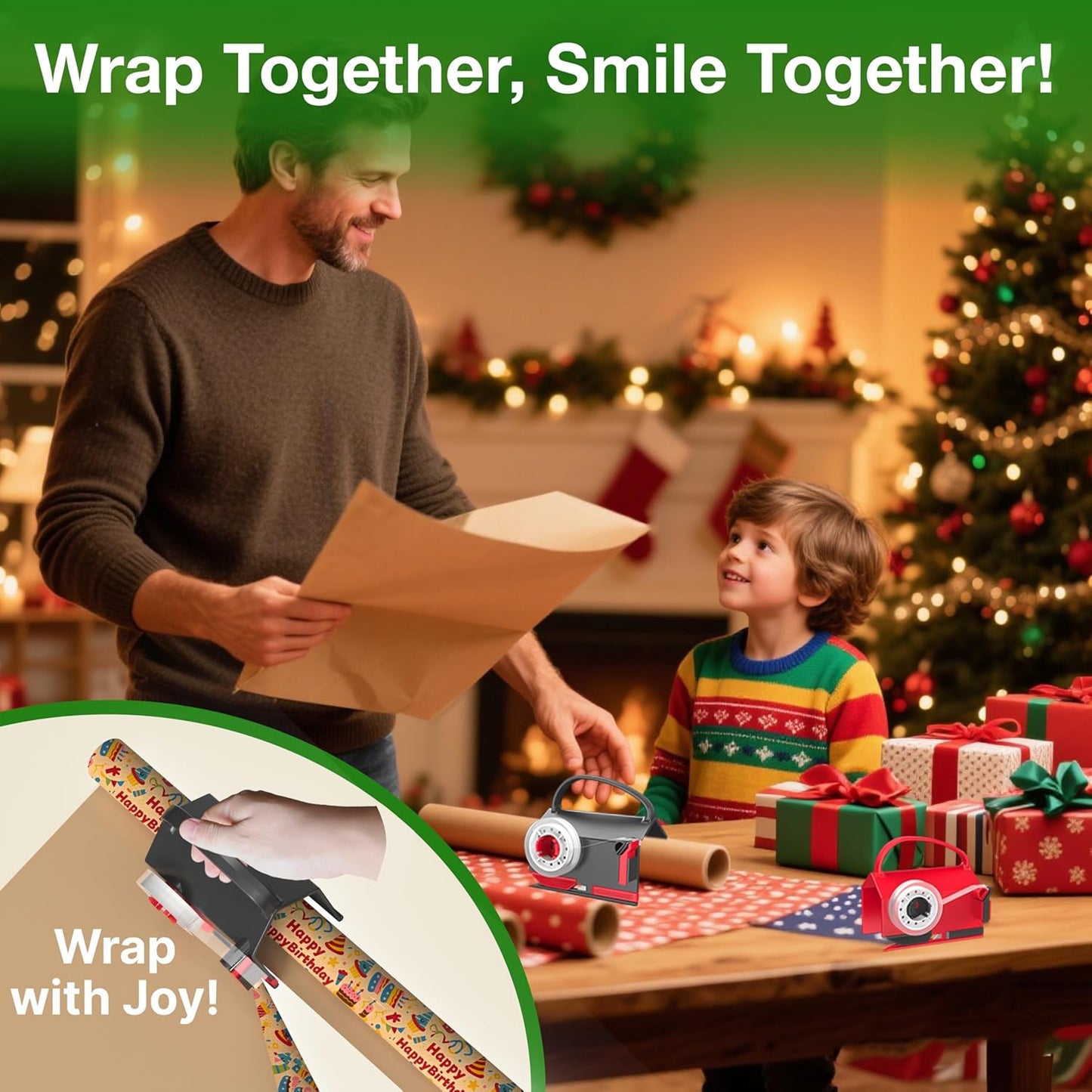 (2-Pack) Wrapping Paper Cutter & Tape Dispenser Dual Use with 4 Tapes,2 Replace Blades Kit for Christmas Gift Wrap Cutter Tool Paper Roll Holder Tube Sliding Slicing for Birthday Holiday.
